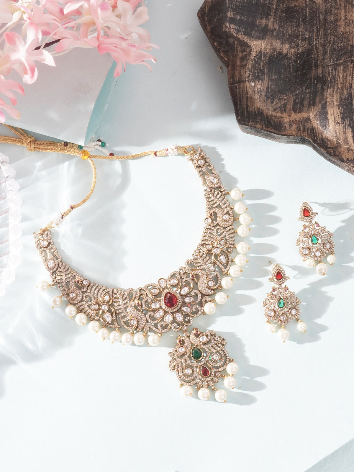 24K Gold Plated Peacock Jewelry Set with Ruby Emerald and Pearls