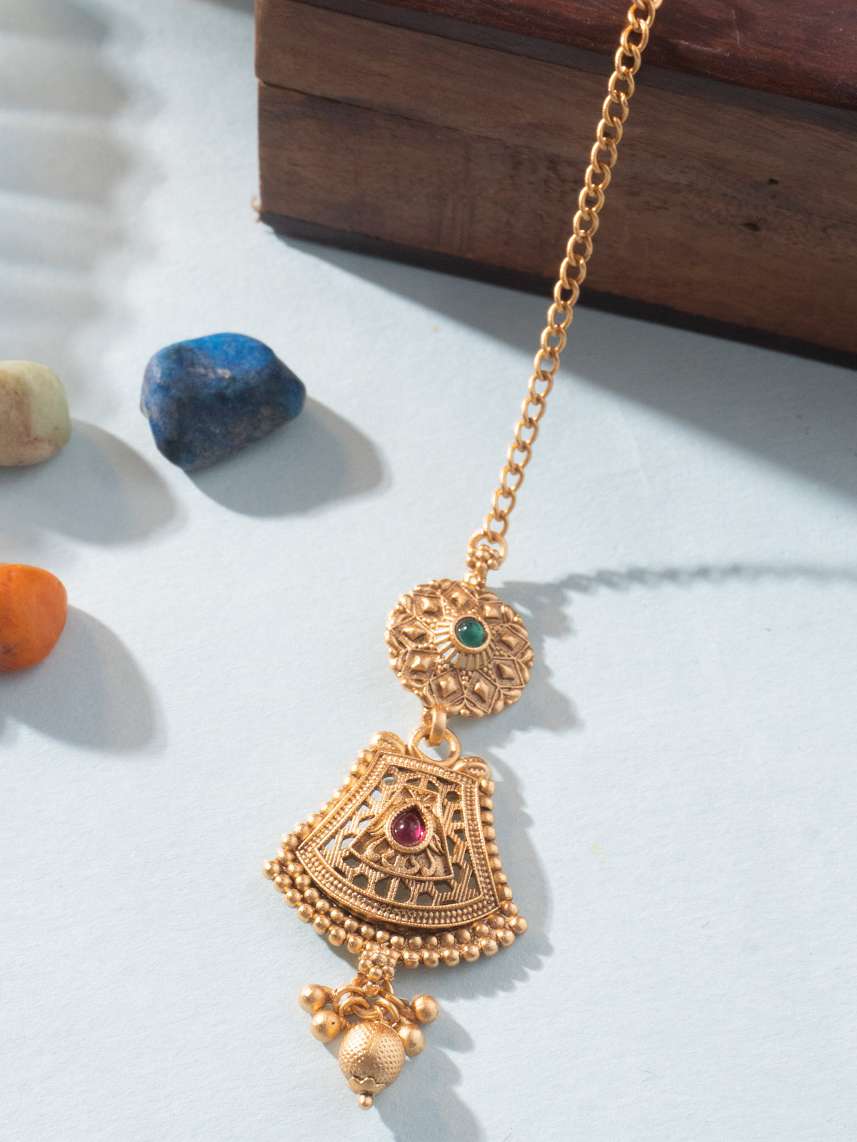Ethnic Gold Plated Mang tikka with Ruby Emerald and Pearl Accents