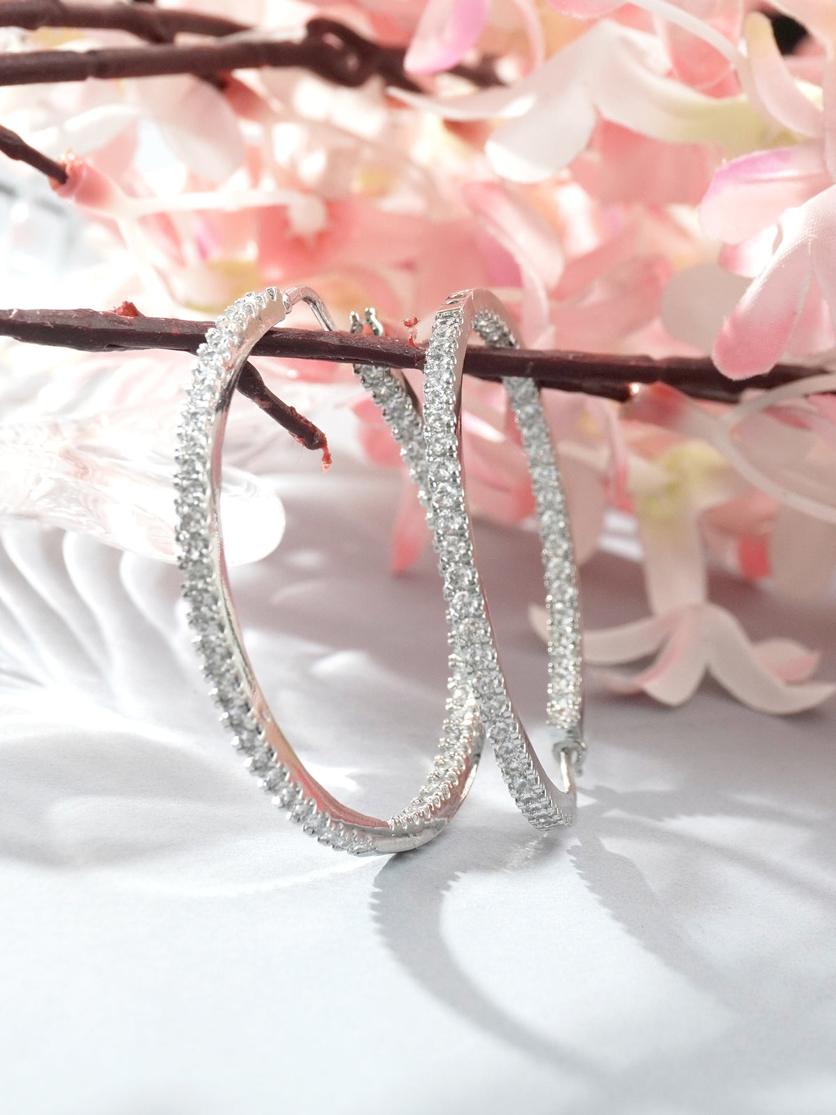 Silver Rhodium American Diamond Hoop Earrings
