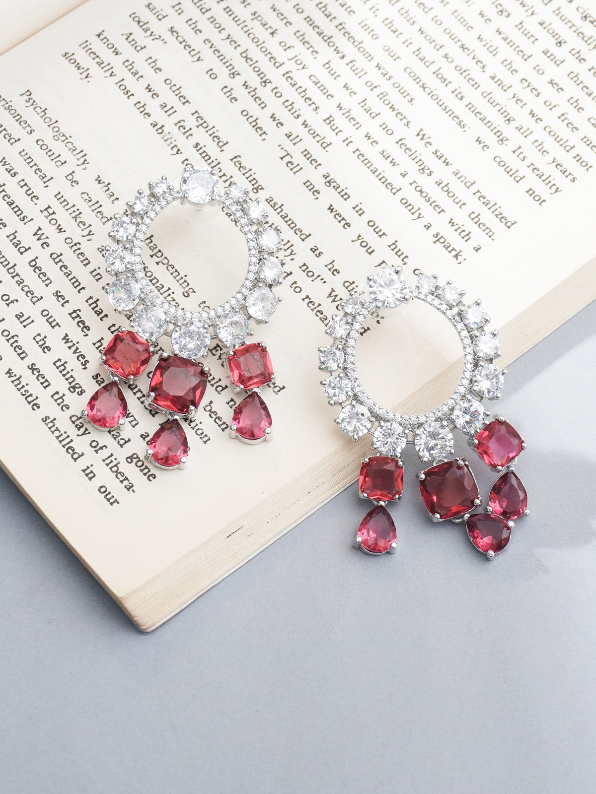 Silver Rhodium Plated Circular Earrings with Ruby and White American Diamonds