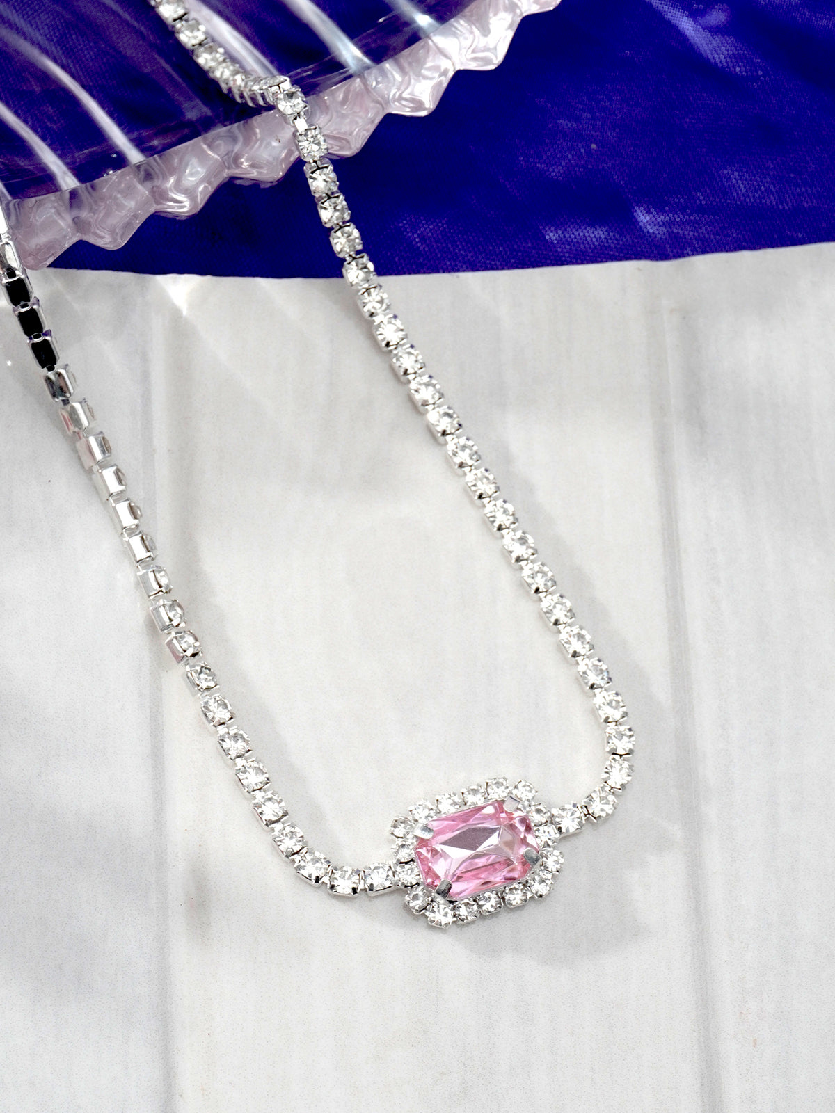 Silver-Plated Necklace with Zircon and Pink Stone Accent