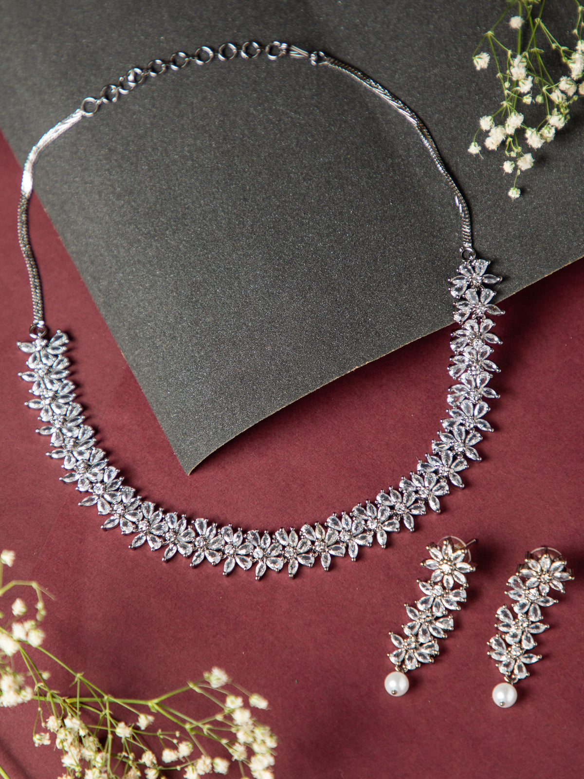 Black Rhodium Plated Floral Necklace Set with White AD Stones