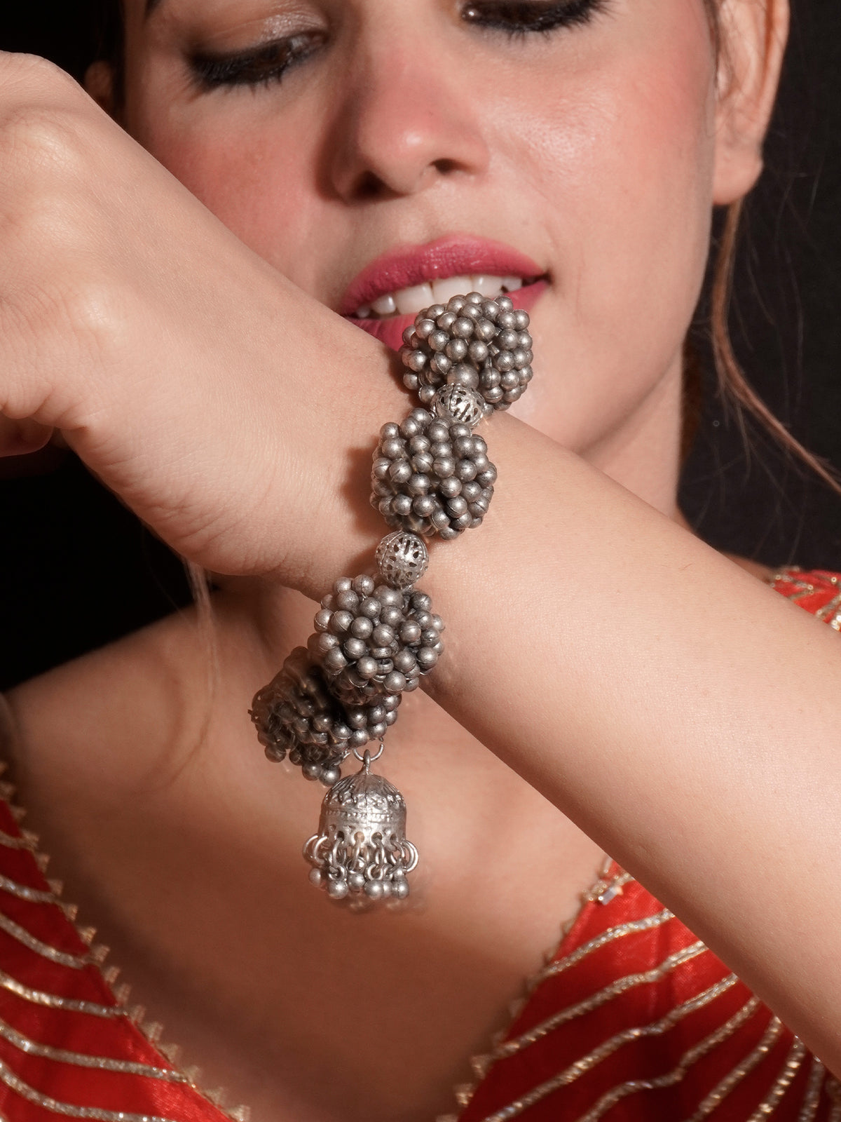 Oxidized Silver Ghungroo-Studded Bracelet with Black Polish