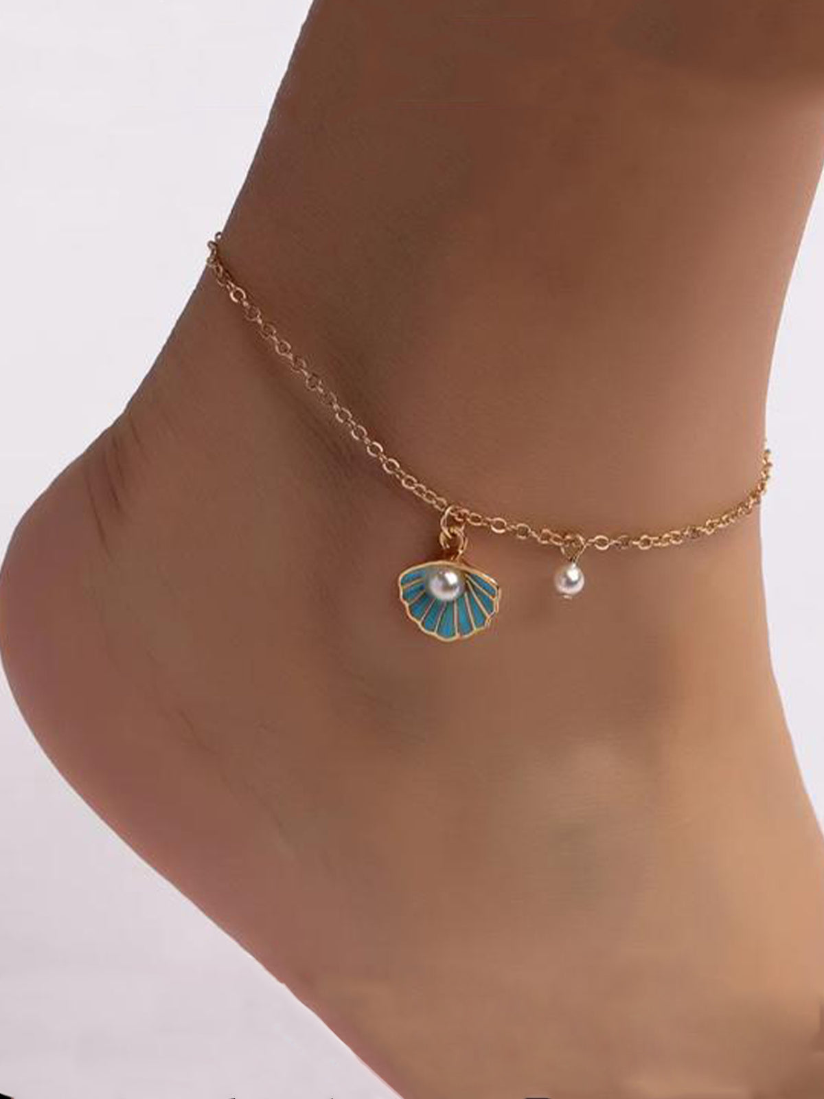 18k Gold Plated Faux Pearls Blue Shell Accent Anklet