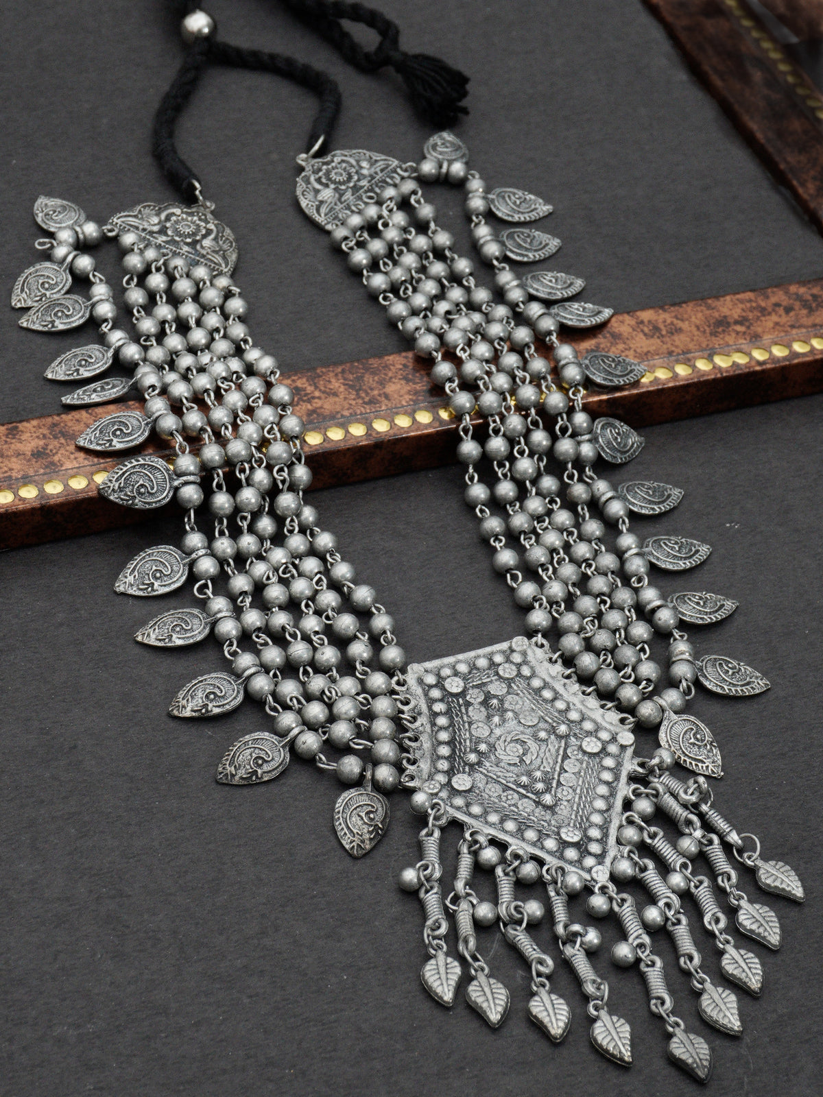 Elegant Silver Oxidized Jewelry with Leaf Accents Grey Beads and Ghungroo