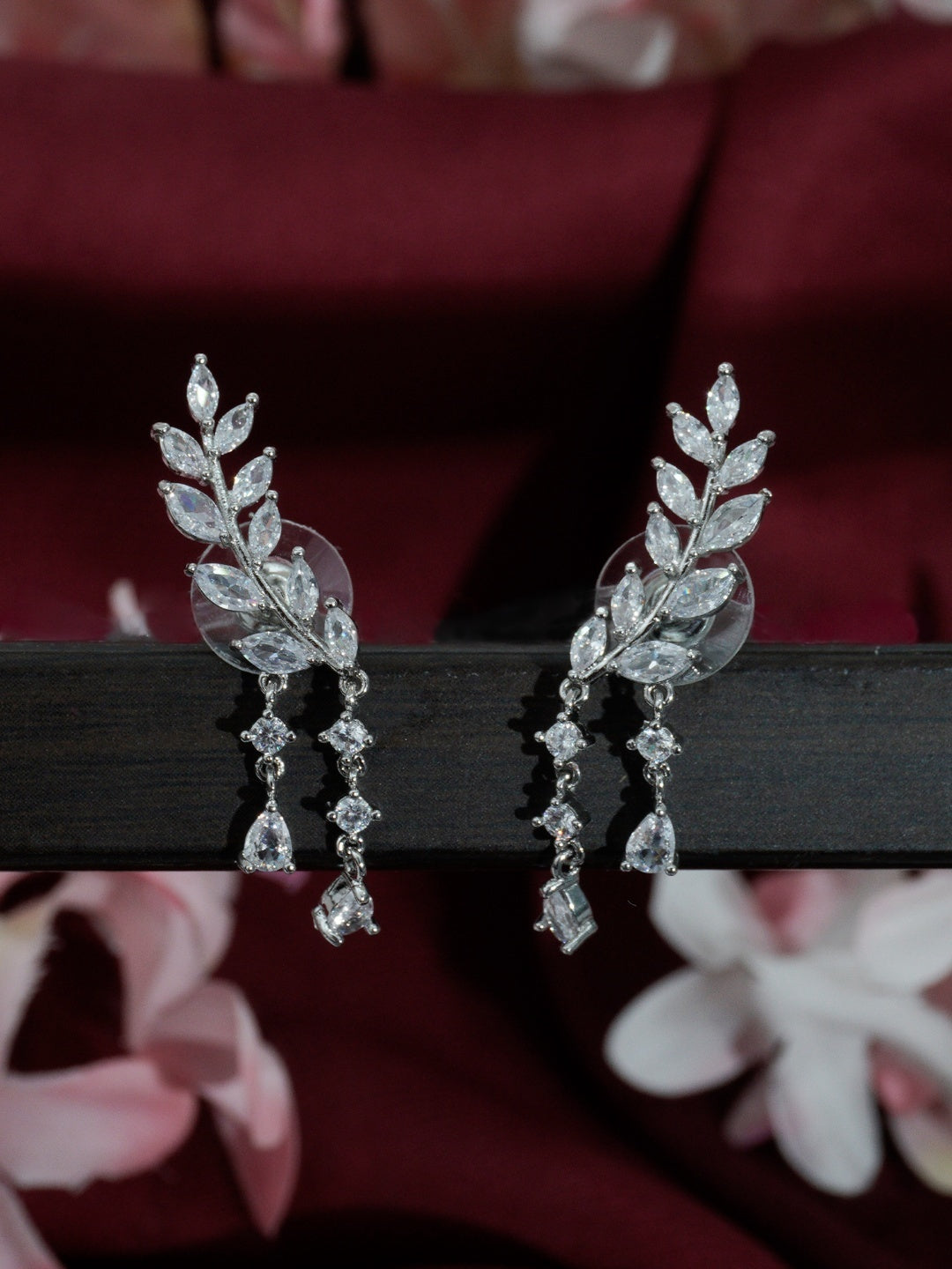 Elegant Rhodium-Plated American Diamond Leaf Design Dangler Earrings