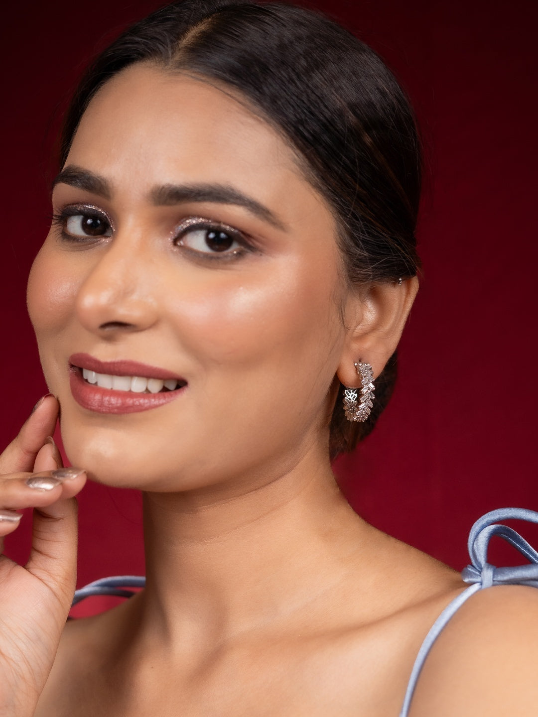 Rhodium-Plated Leaf Design Hoop Earrings with American Diamonds