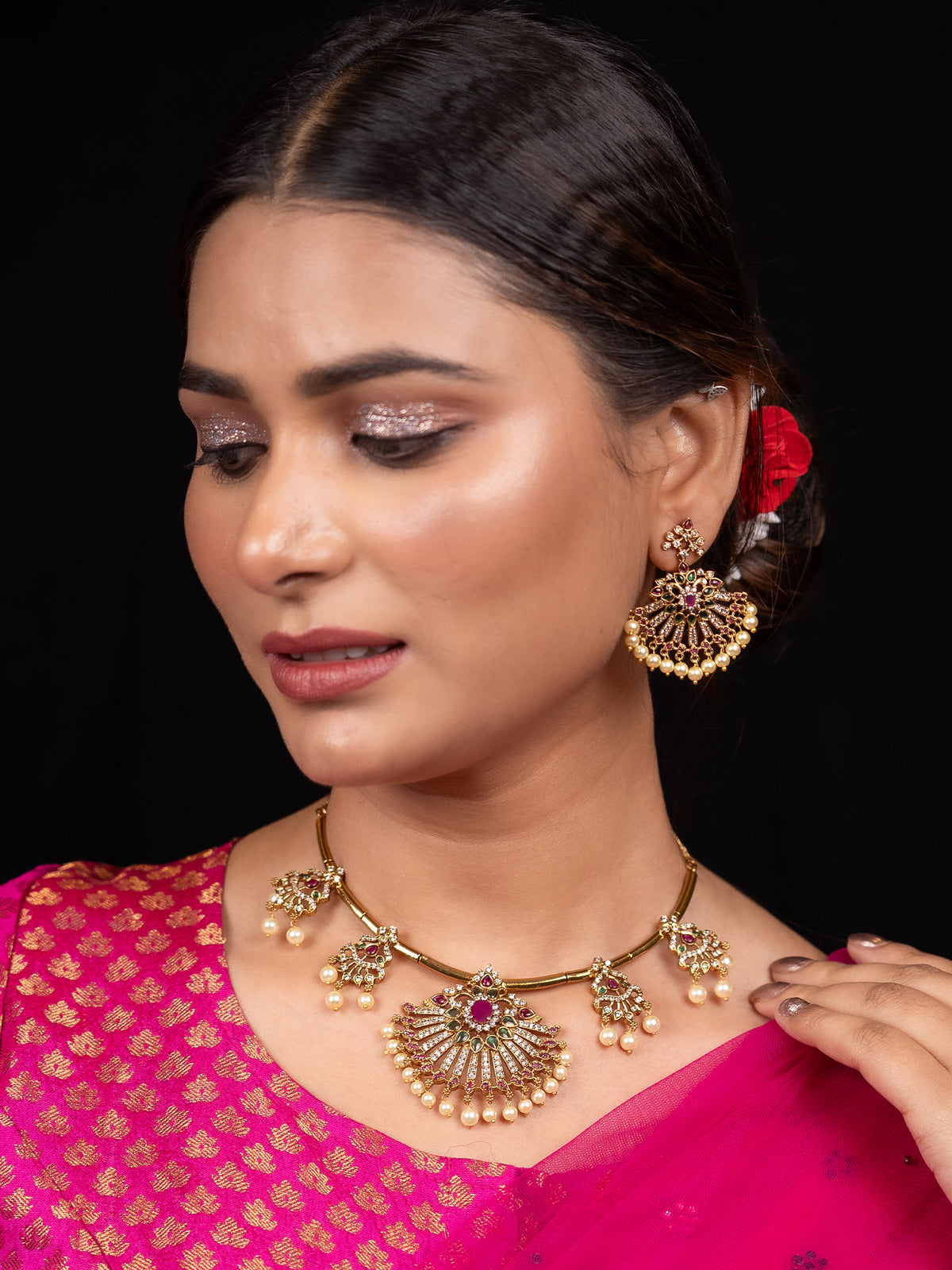 24k Gold-Plated and Mehendi-Plated Jewellery Set with Pearls, Ruby, and Emerald in Flower Design