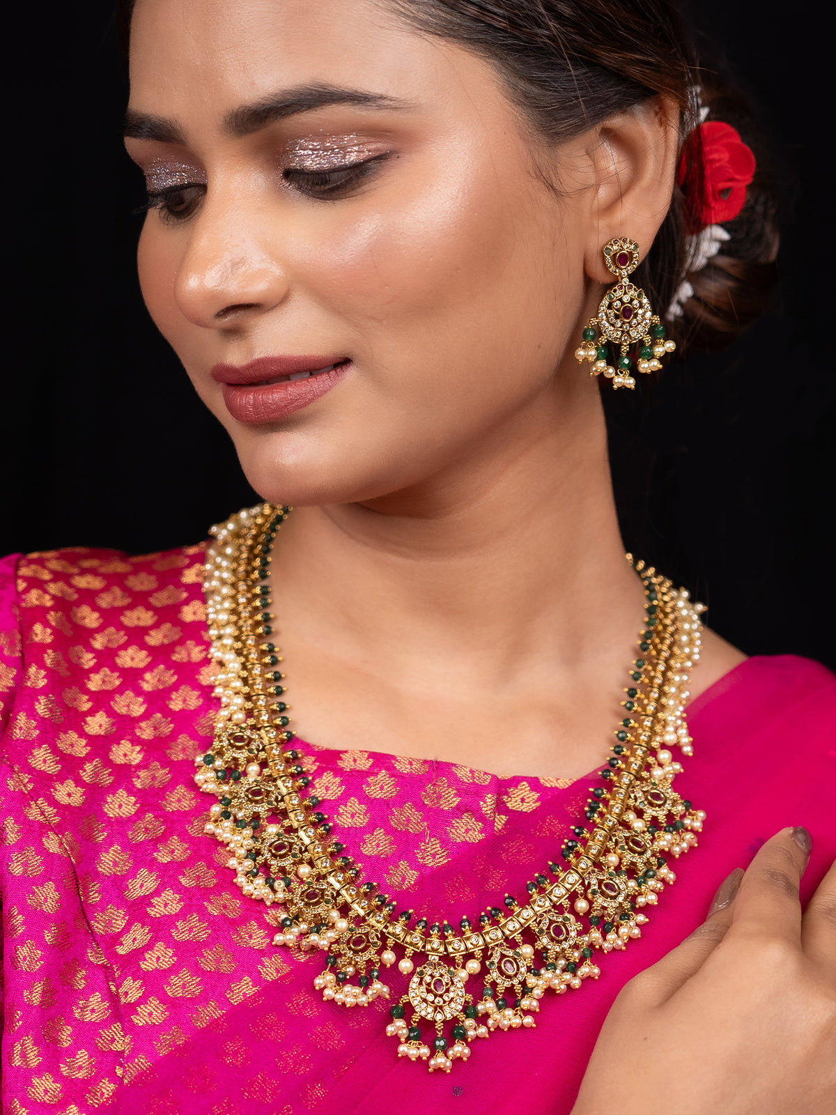 24k Gold Plated Pink and Emerald Jewelry Set with Pearl and Zircon