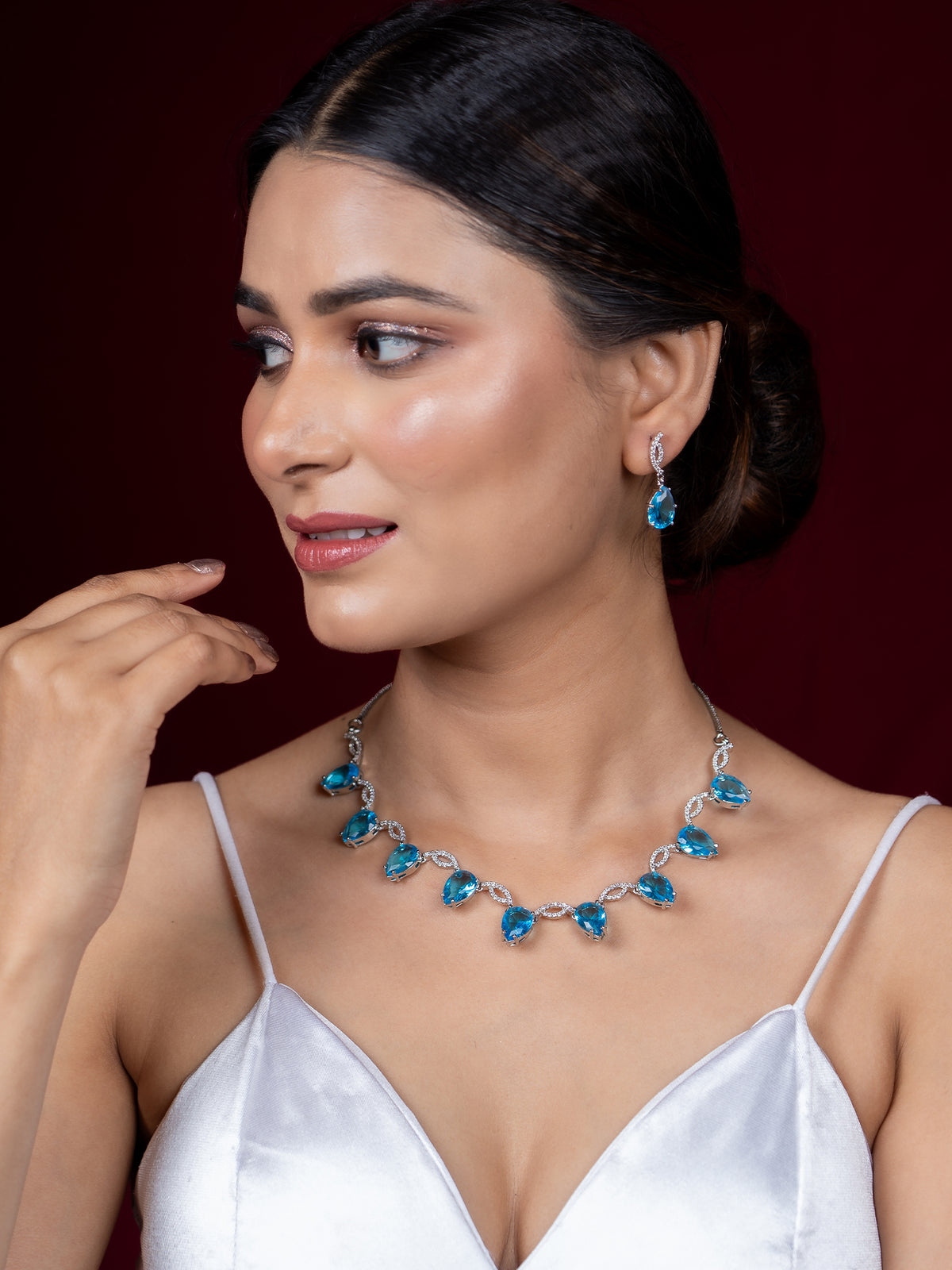 Light Blue American Diamond Leaf Design Necklace Set Rhodium Plated