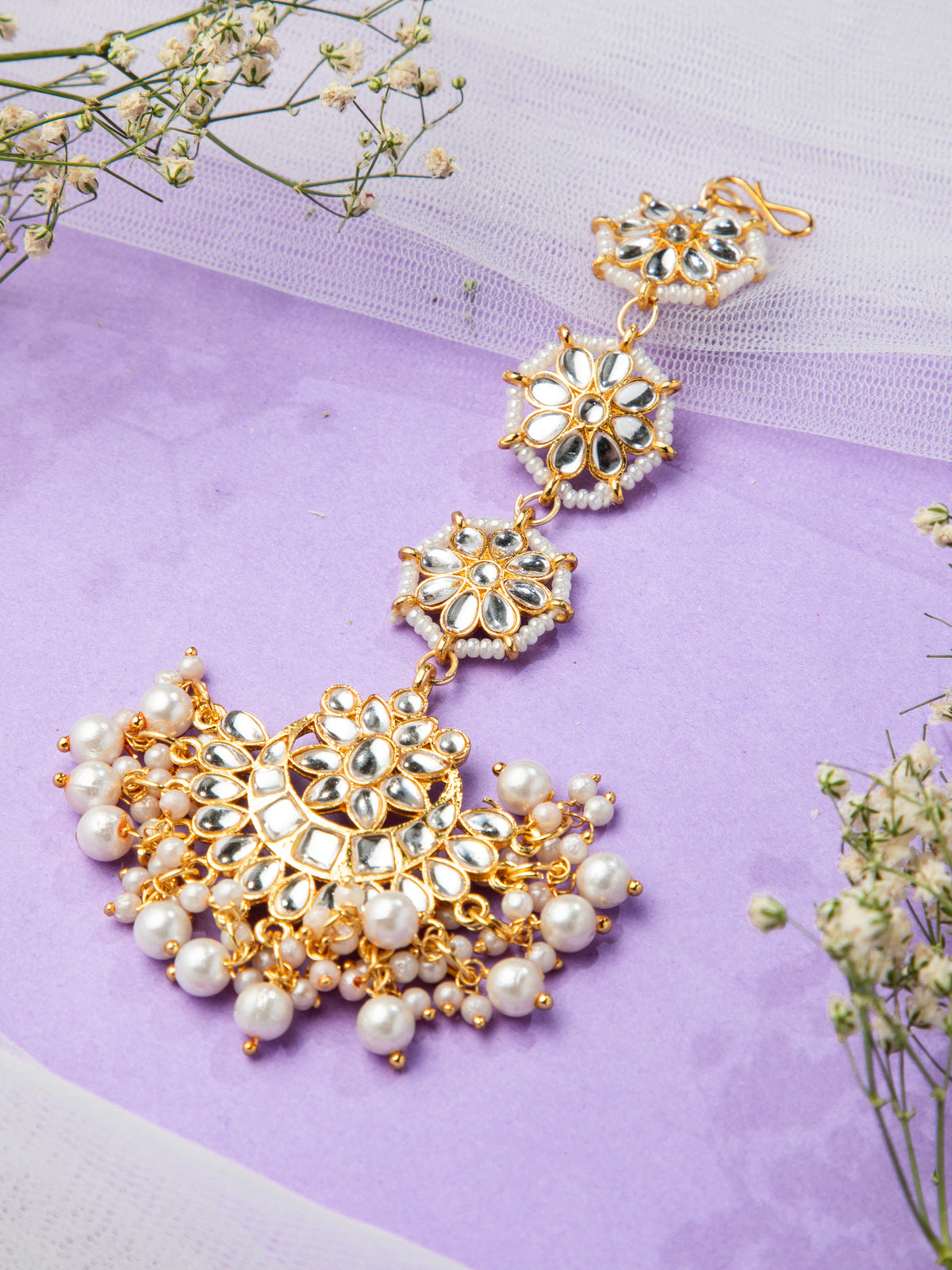 Ethnic Kundan Pearl Gold Plated Floral Maang Tikka