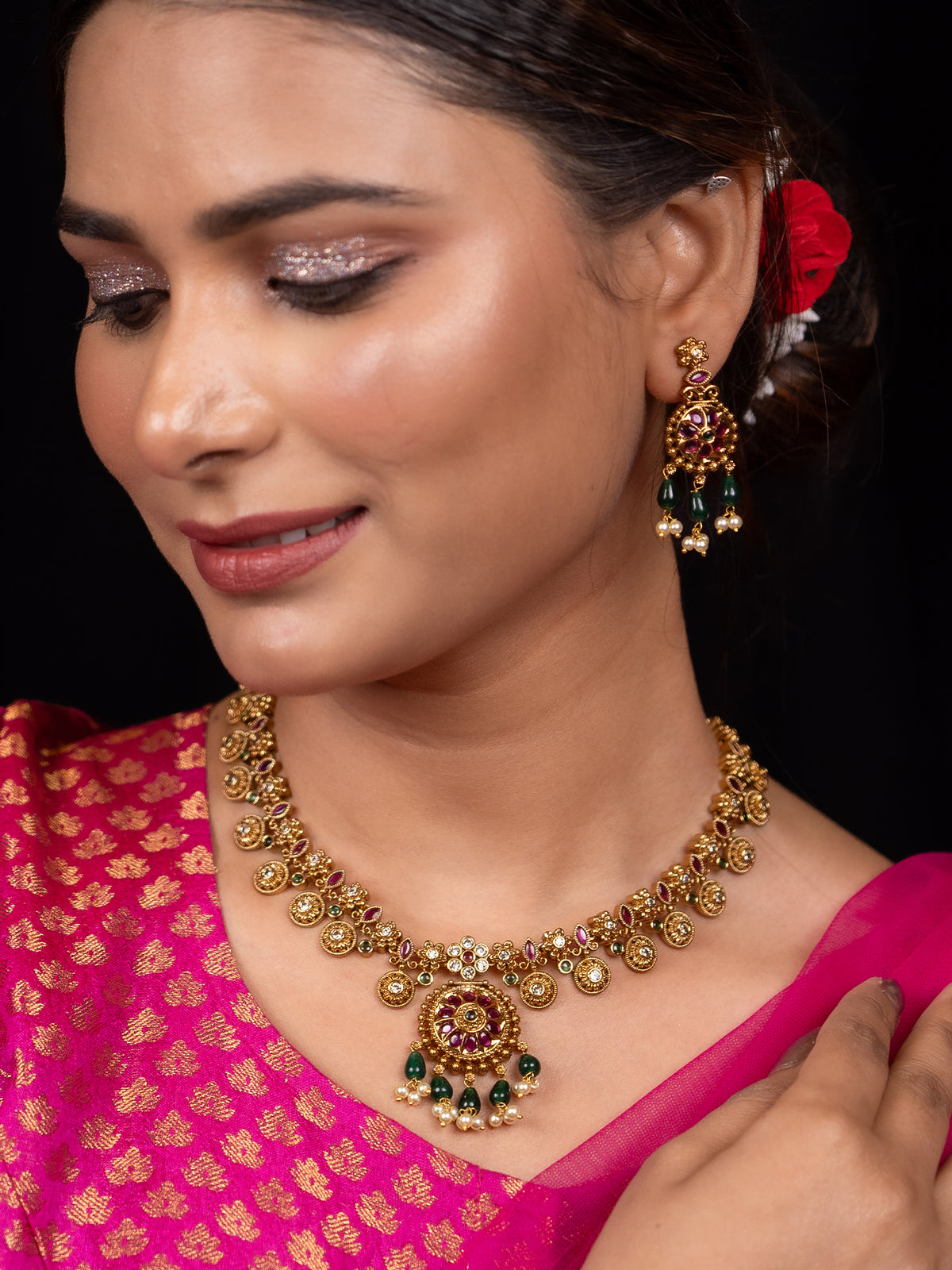 24K Gold-Plated Jewelry Set with Ruby and Emerald