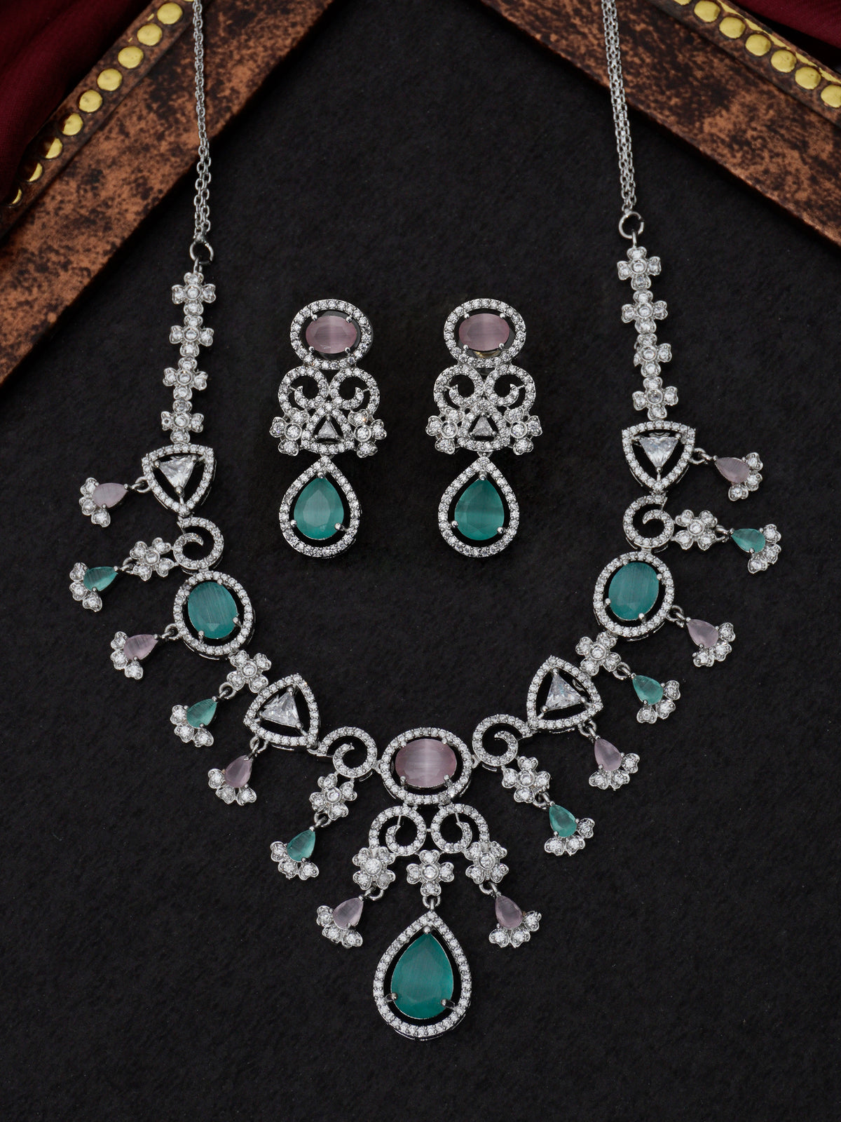 Pink and Green Water Drop Zircon American Diamond Jewelry Set