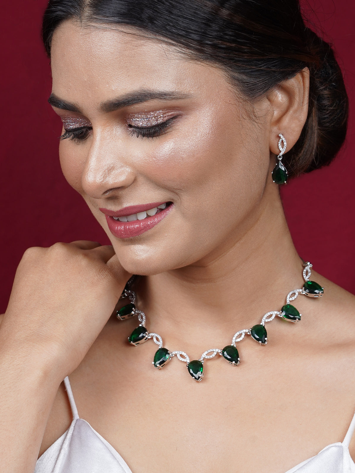 Green American Diamond Leaf Design Necklace Set Rhodium Plated