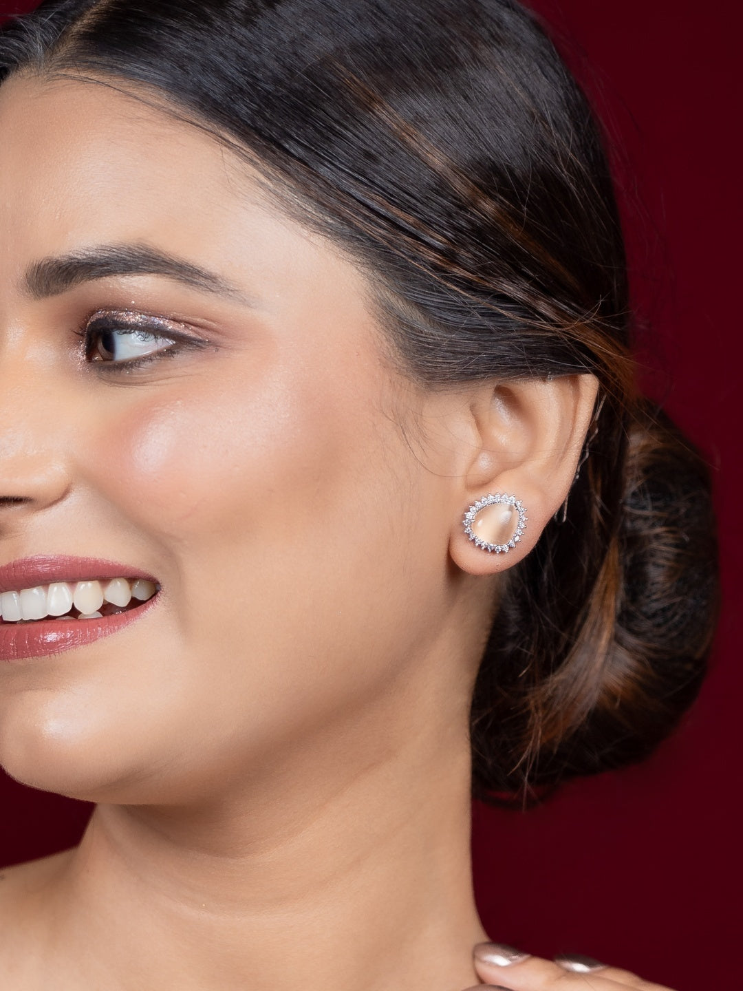 Peach Water Drop Earrings with American Diamonds and Rhodium Plating