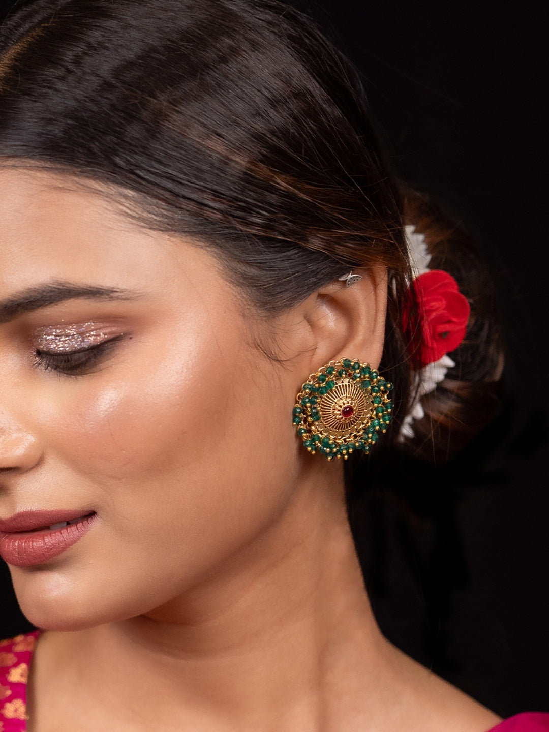 24K Gold-Plated Traditional Earrings with Green Beads and Pink Stone