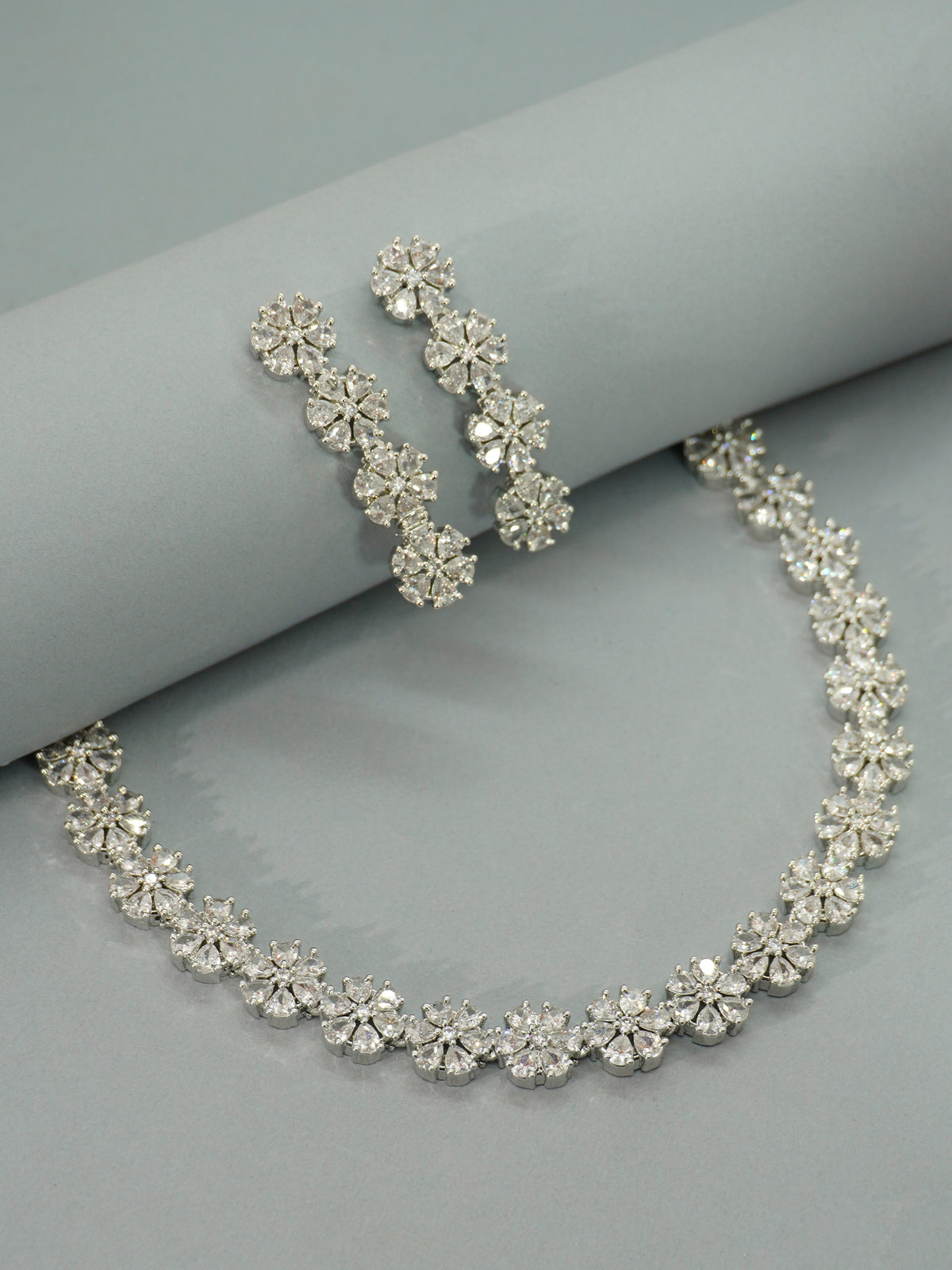 American Diamond Flower Earrings Rhodium Plated Shiny Finish