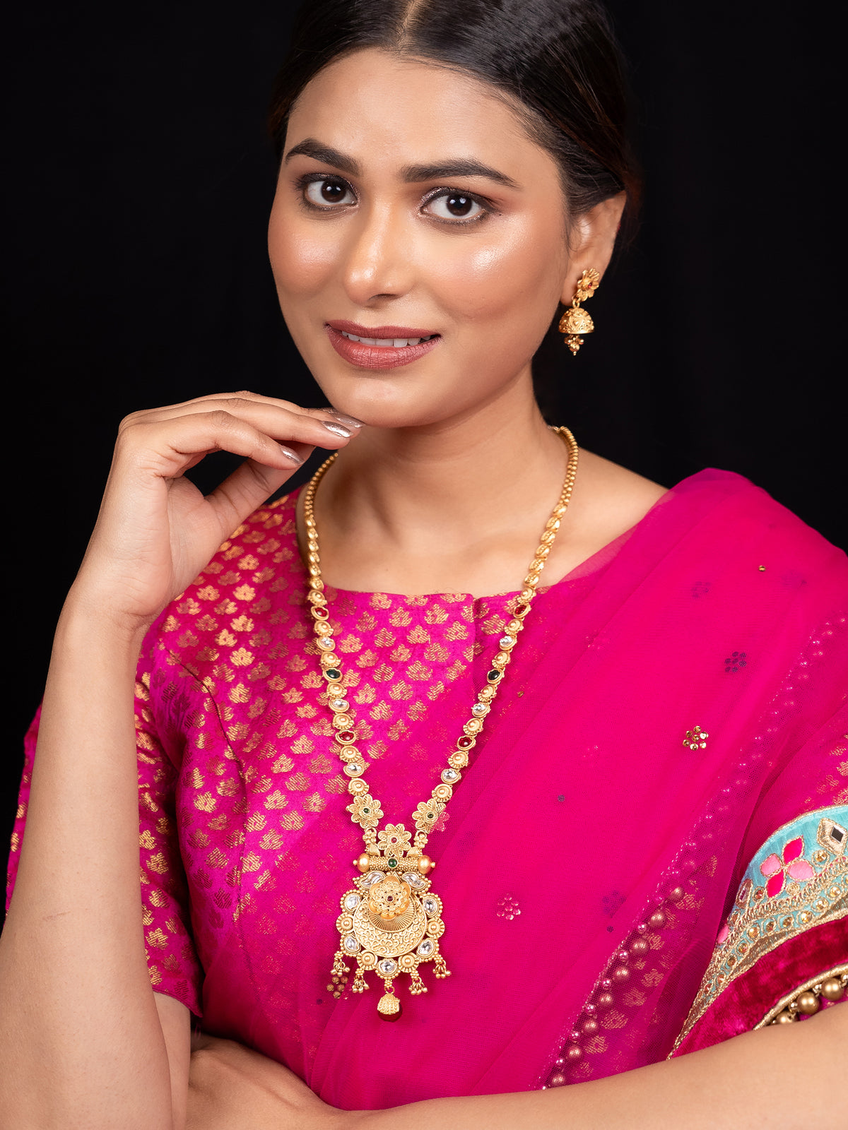 24K Gold-Plated Long Necklace Set with Kundan Stones