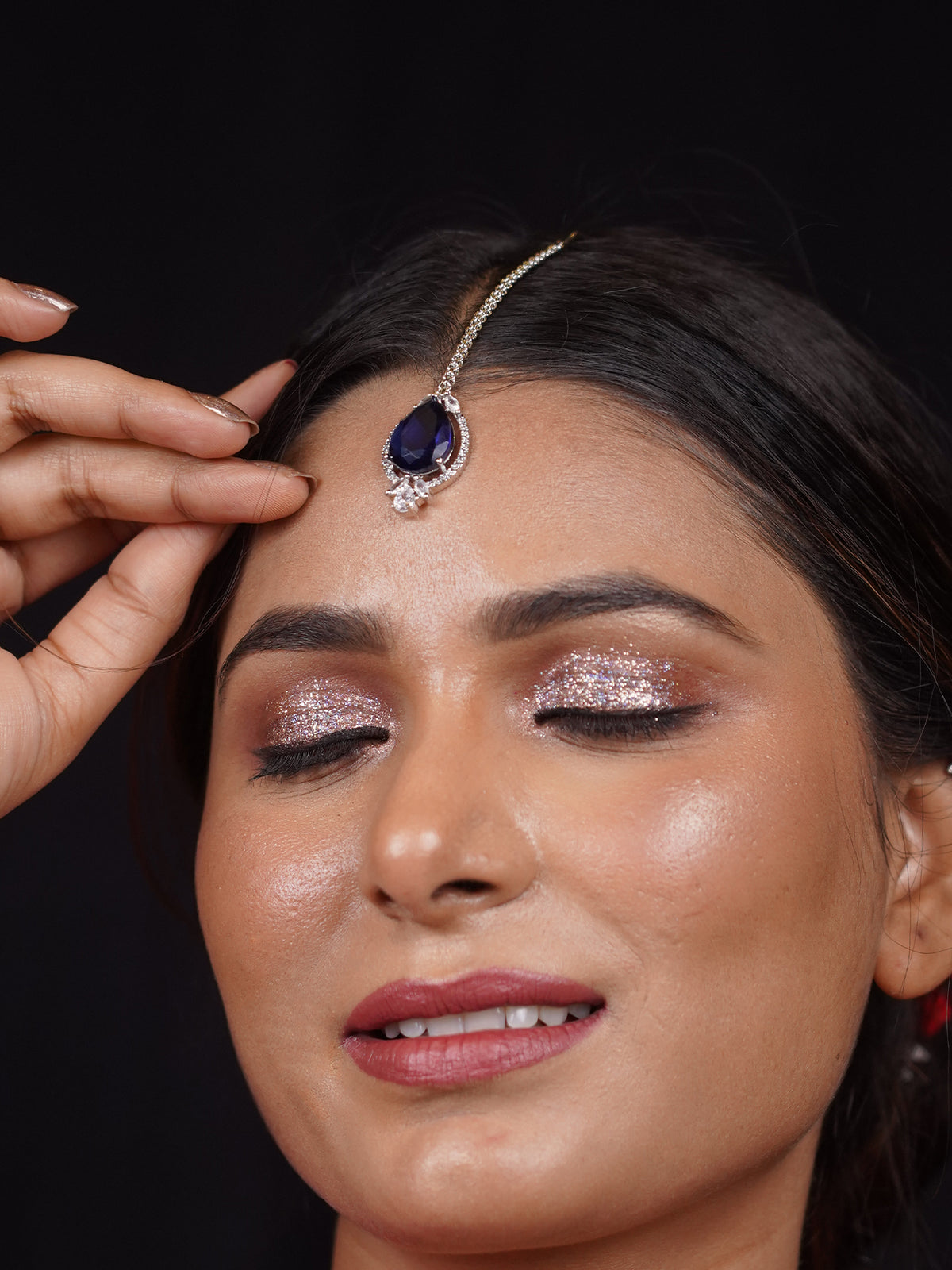 Elegant Dark Blue American Diamond Mangtikka in Silver Rhodium Polish