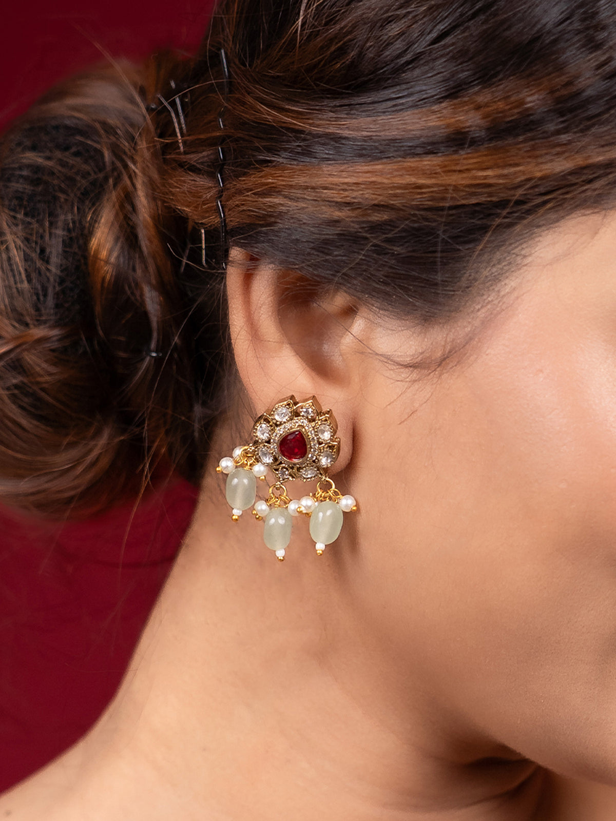 24K Gold Plated Kundan Earrings with Ruby and Pearl Accents