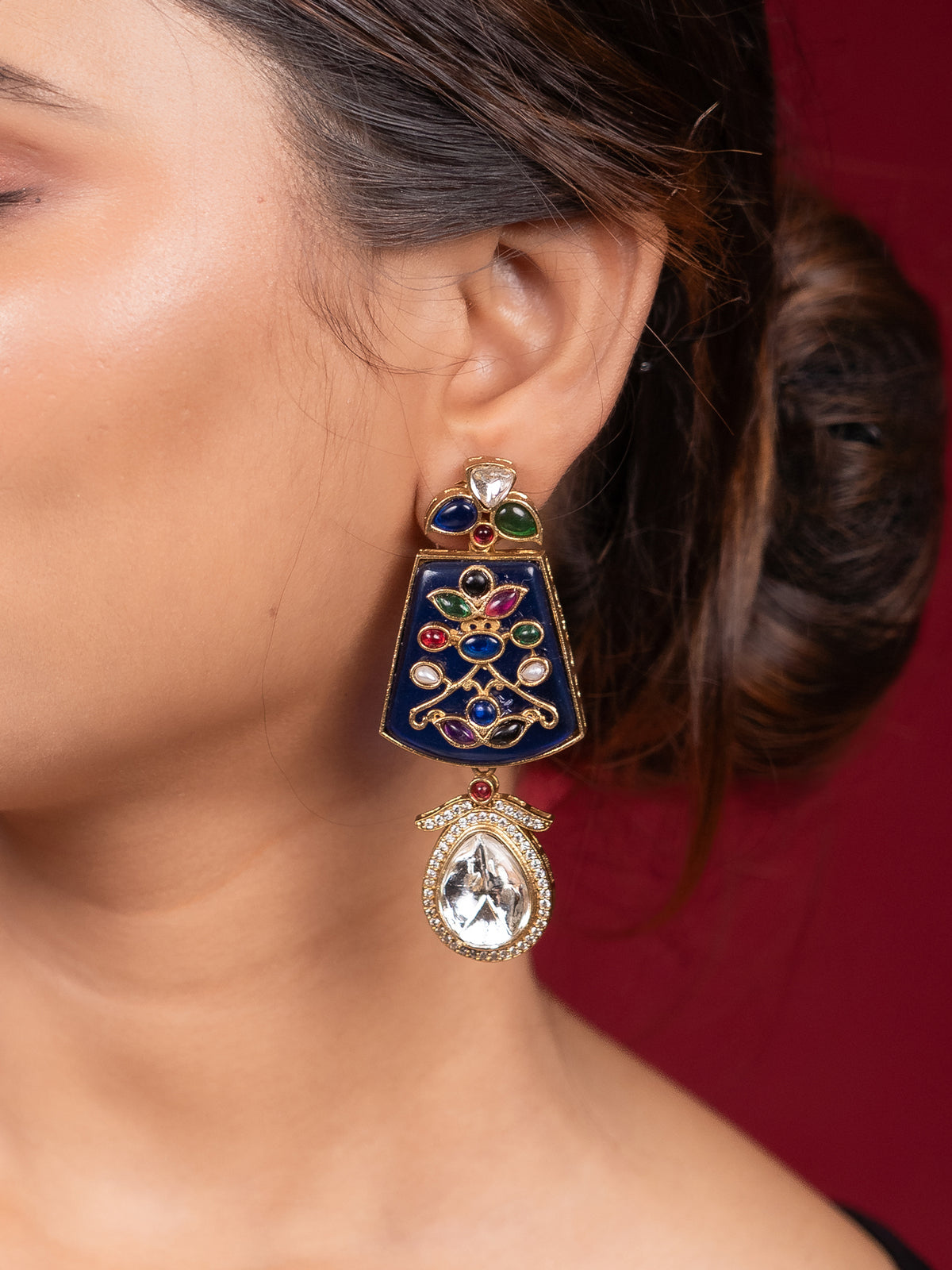 Ethnic Navy Blue Multi-Color Kundan Dangle Earrings