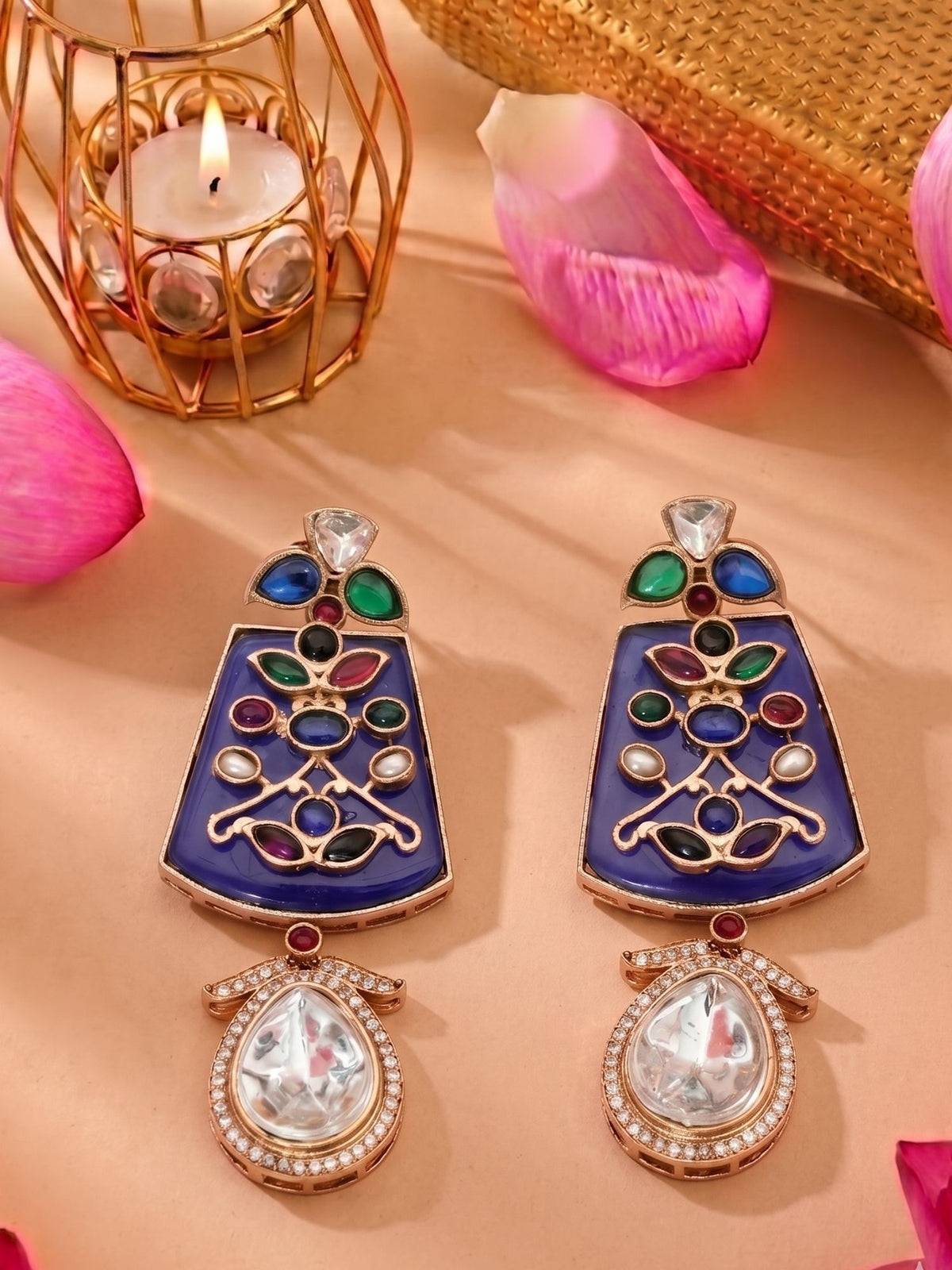 Ethnic Navy Blue Multi-Color Kundan Dangle Earrings