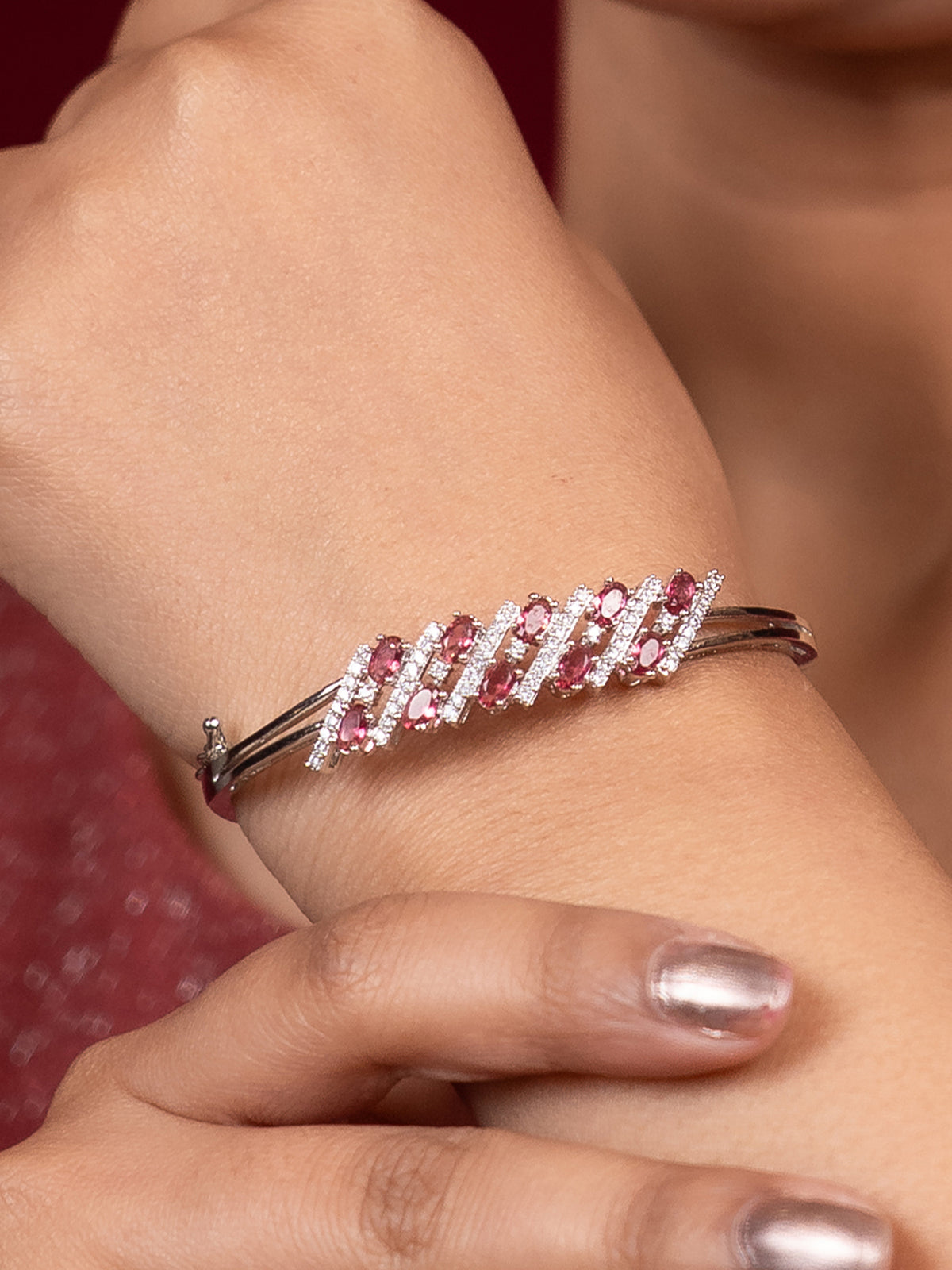 Elegant American Diamond Silver Plated Pink AD Bracelet