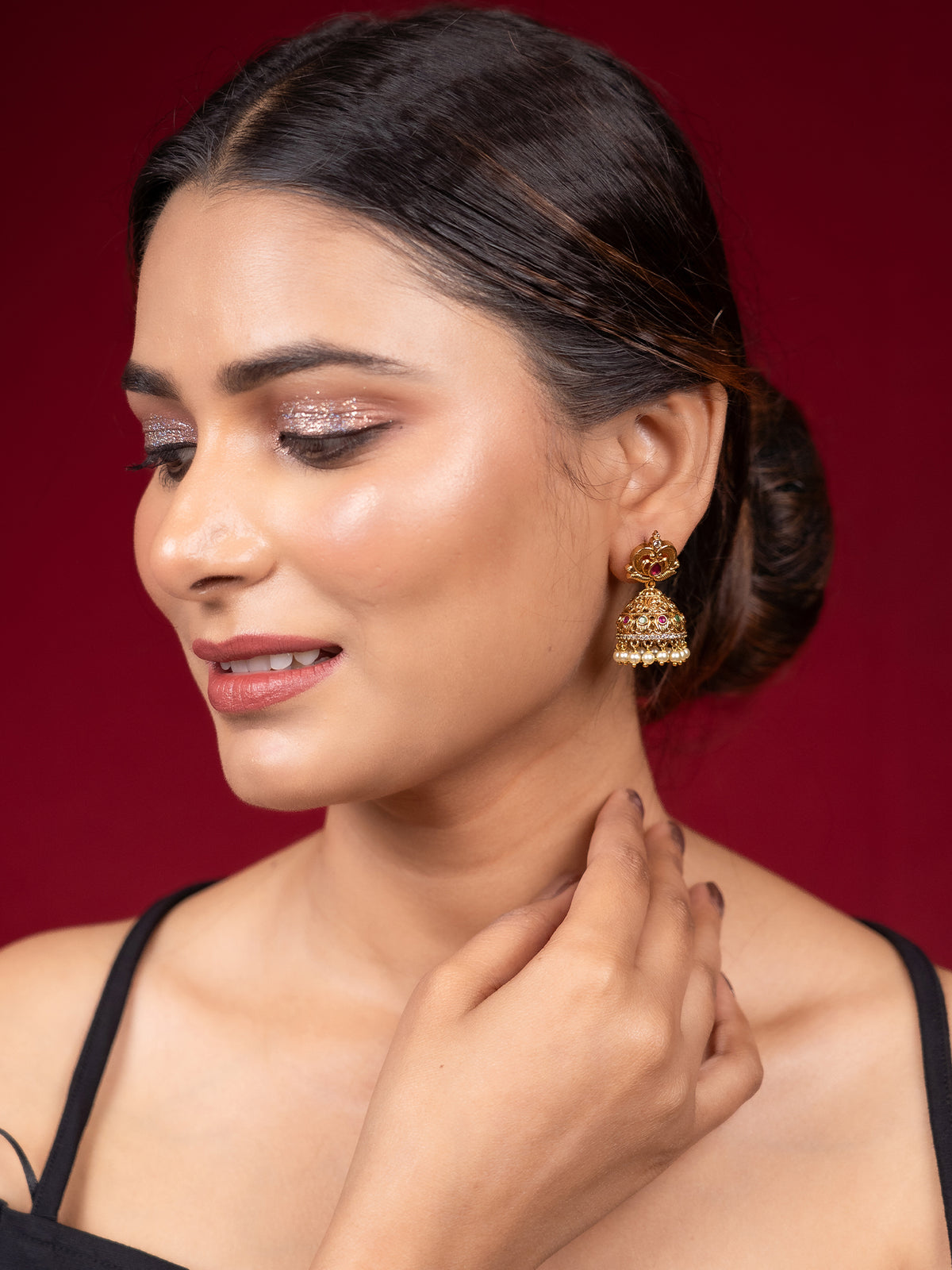 Ethnic 24K Gold-Plated Pink Stone And Pearl Jhumki Earring