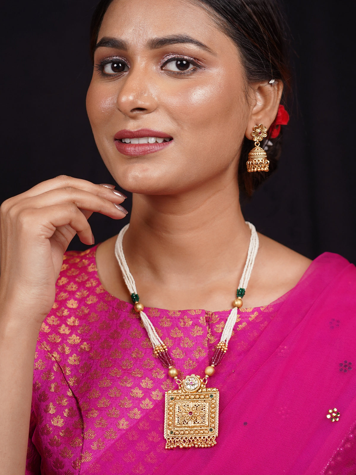 Ethnic 24K Gold-Plated Pink And Green Long Moti Dori Jewelry Set