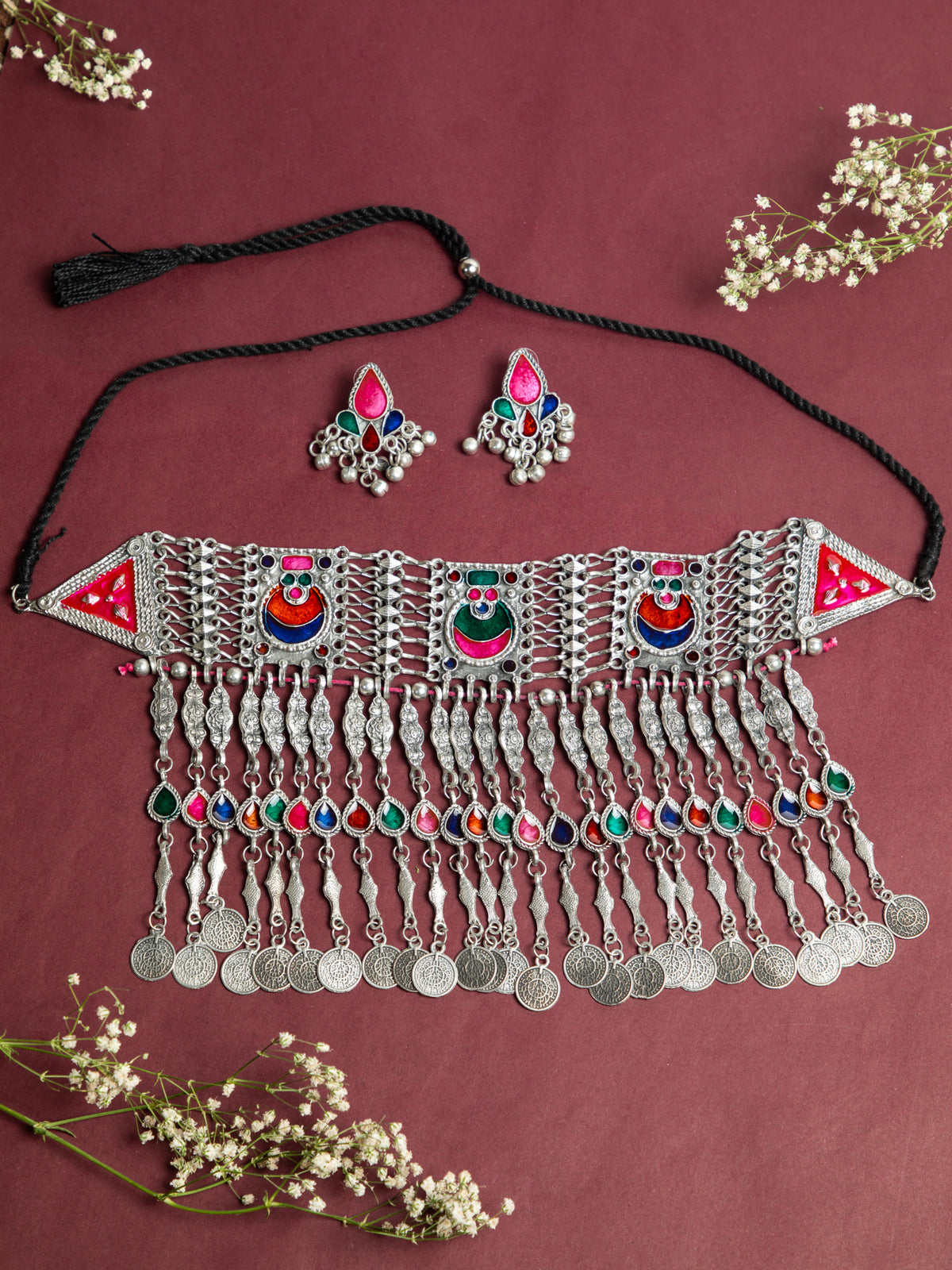 Traditional Oxidised Meenakari Work Bohemian Choker Set with Earrings
