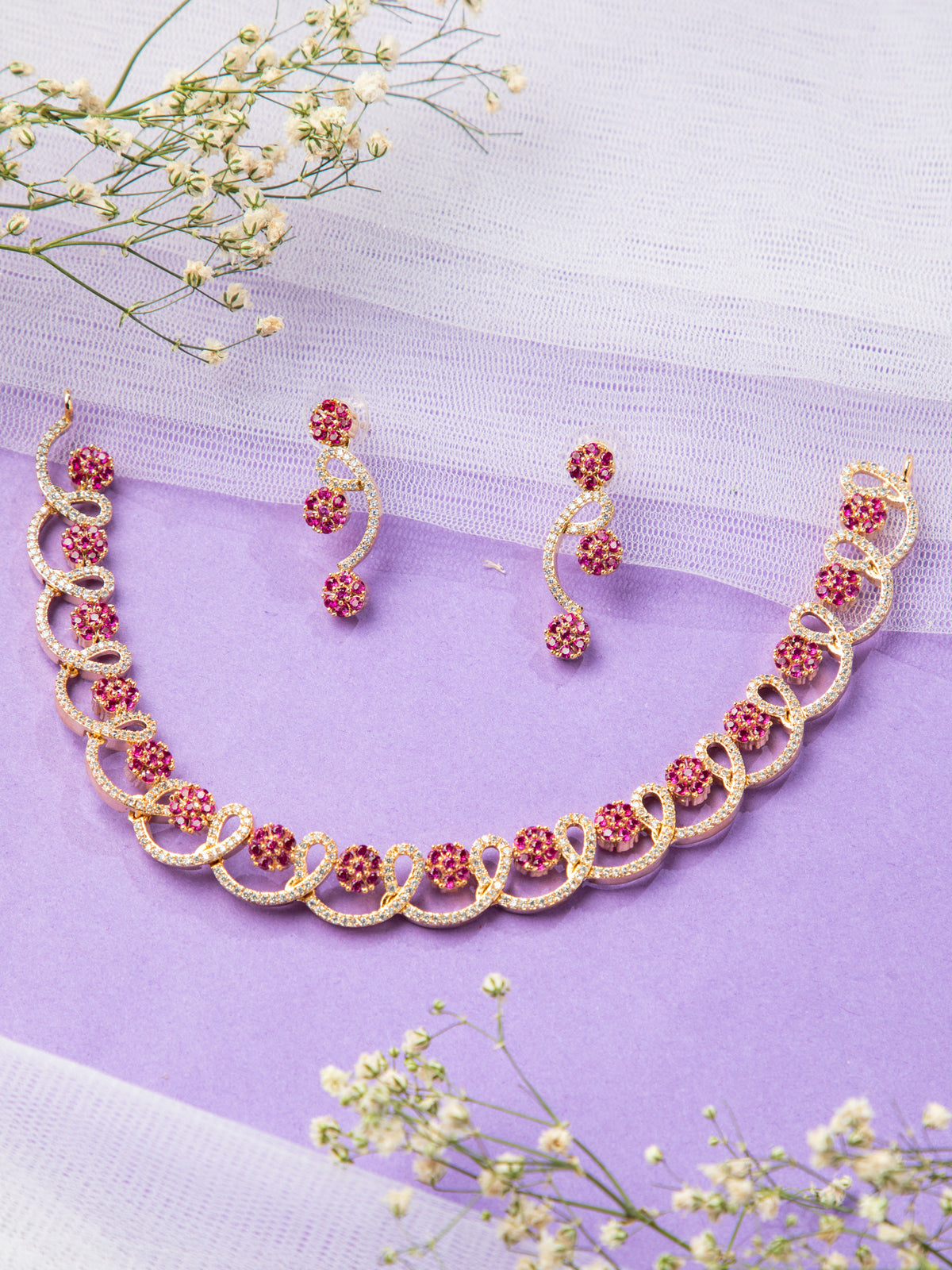 Rose Bloom Gold-Plated American Diamond Necklace Set