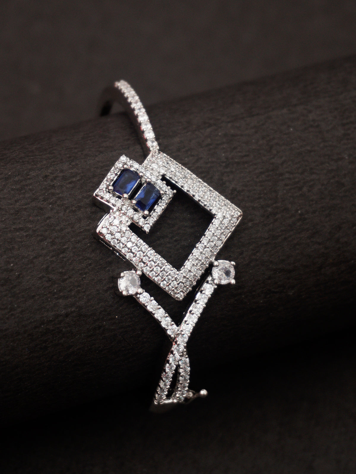 Elegant Silver-Plated Blue American Diamond Openable Bracelet