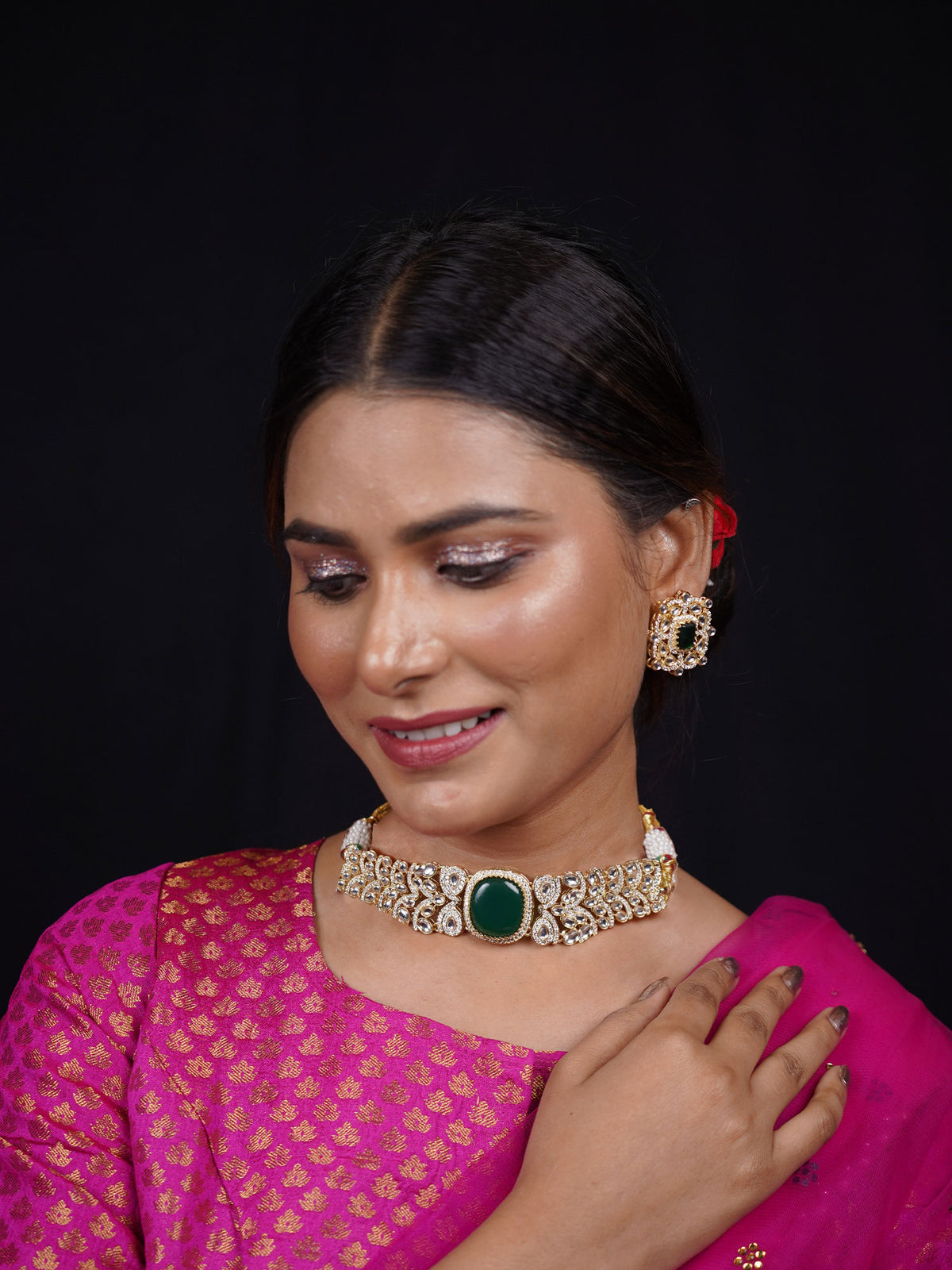 24K Gold-Plated Ethnic Choker Necklace Set with Green Emerald Kundan Accents
