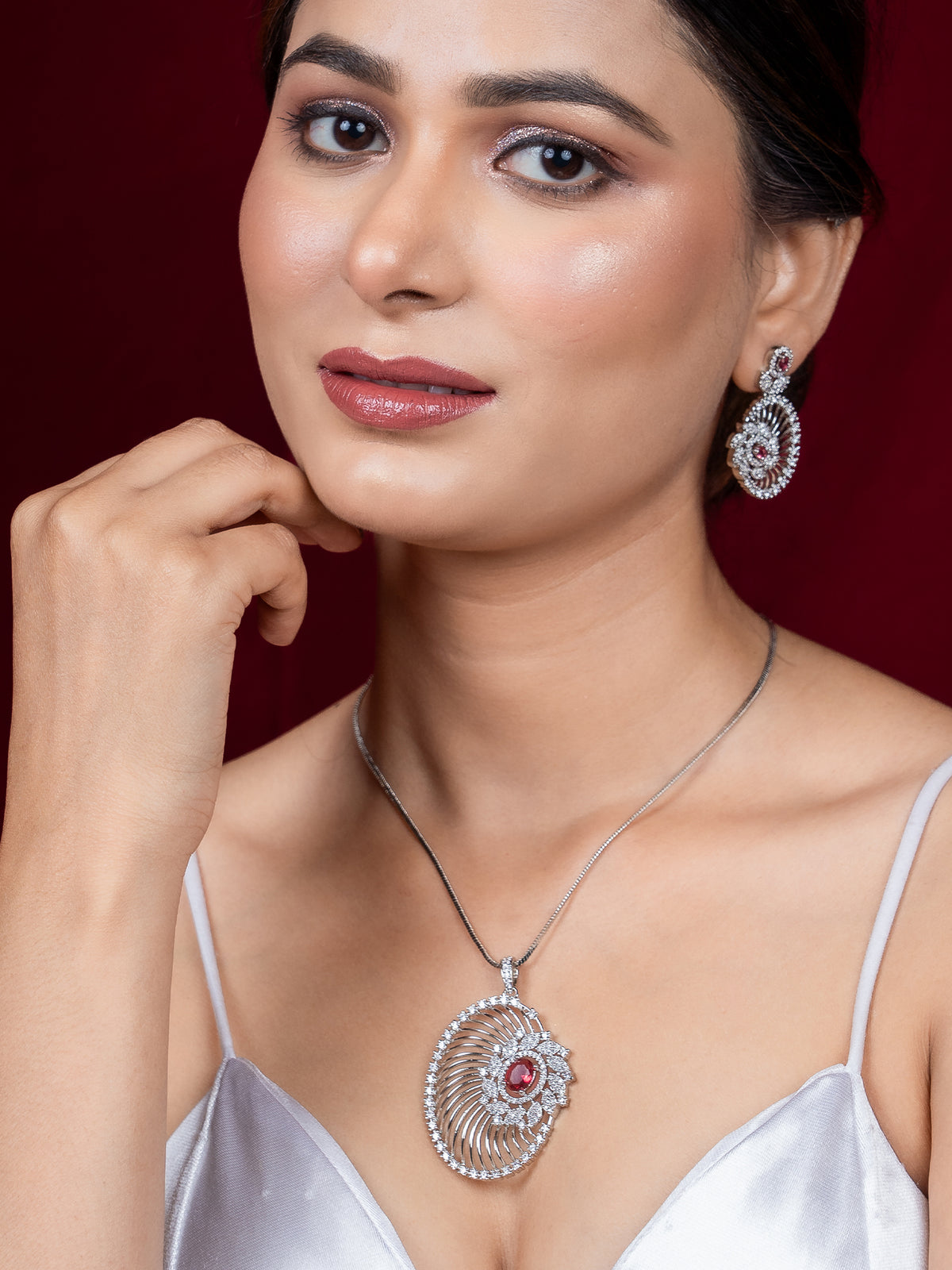 Silver Rhodium-Plated Red American Diamond Chain Pendant Earring Set