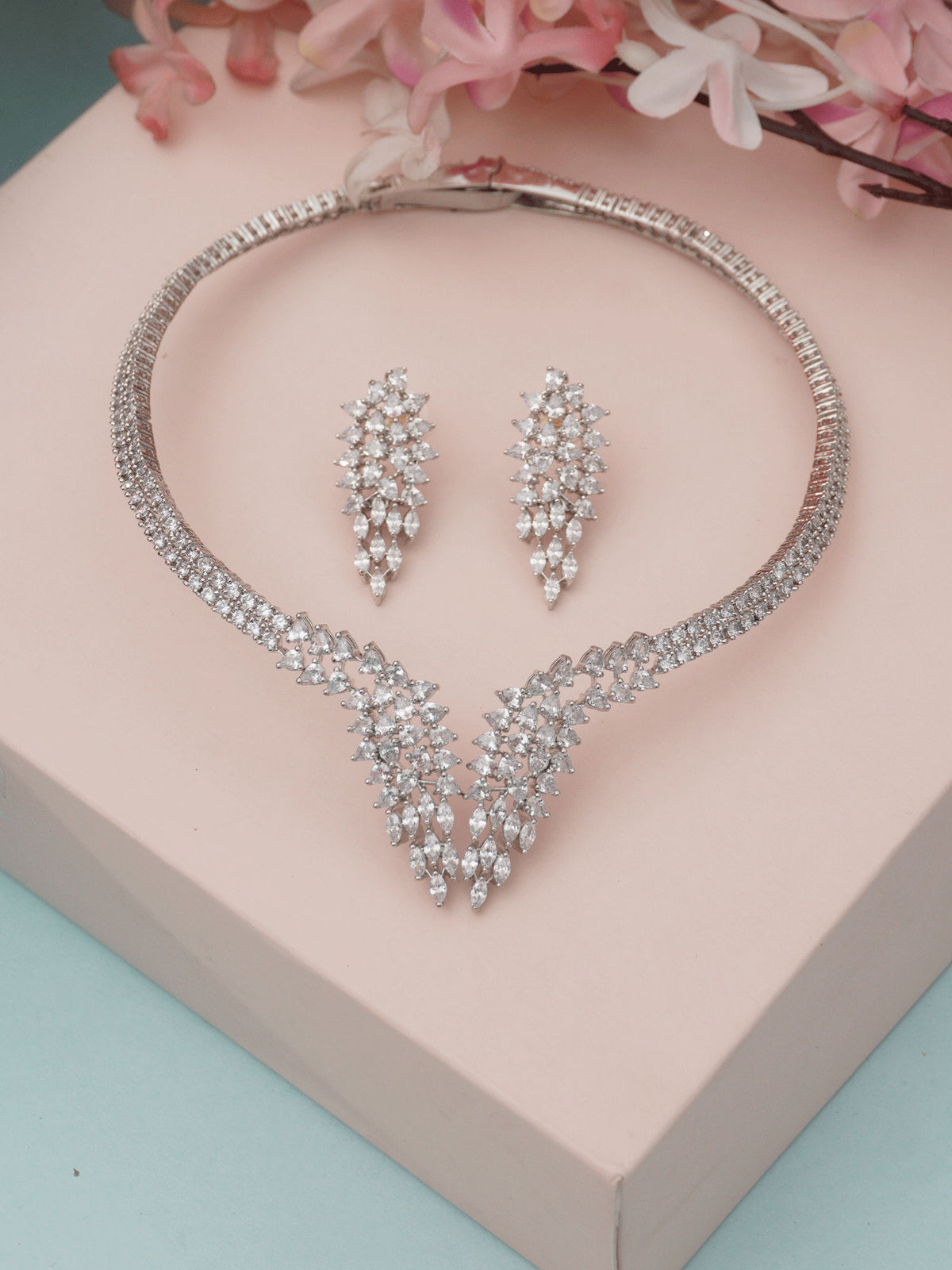 Luxurious American Diamond Rhodium Plated Leaf Design Jewelry Set