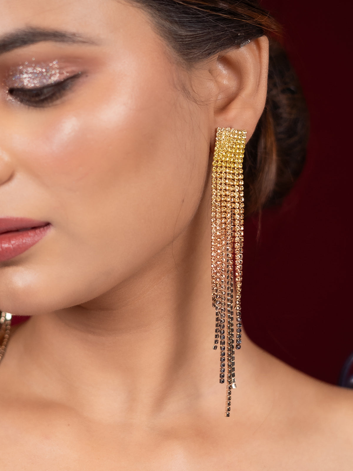 Golden Black and Yellow Rhinestone Long Dangler Earrings