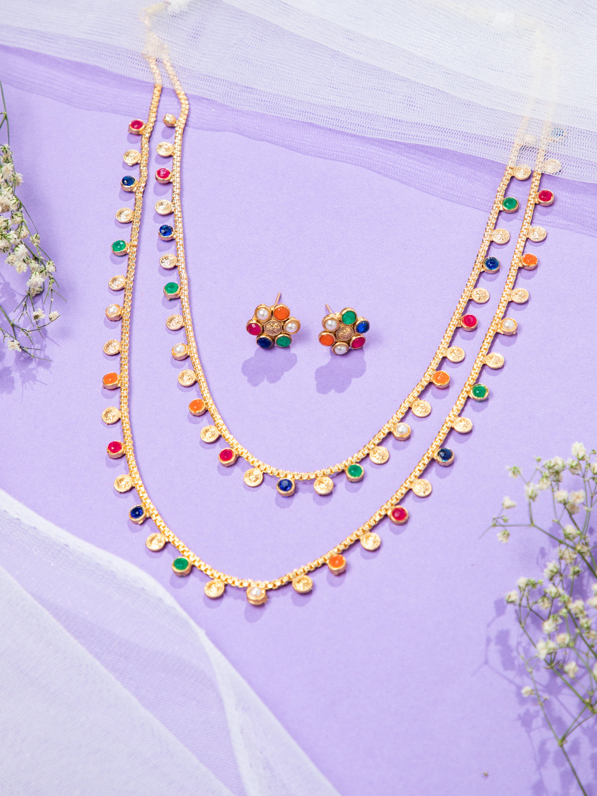 Matte Gold Plated Multicolor Two-Layered Necklace Set with Earrings