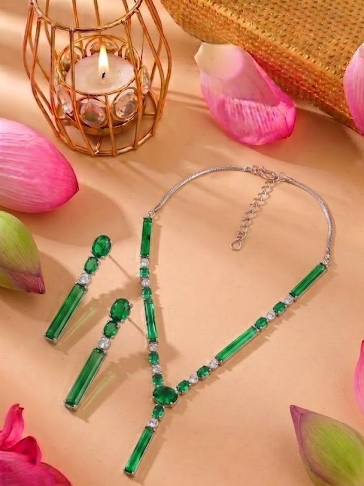 Silver-Plated Green American Diamond Necklace Earring Set