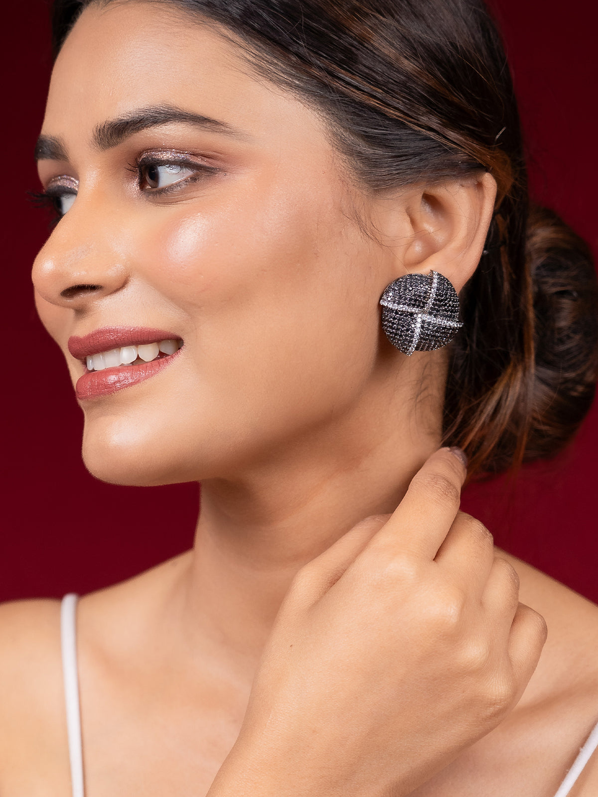 Rhodium Plated Circular Black American Diamond Earrings