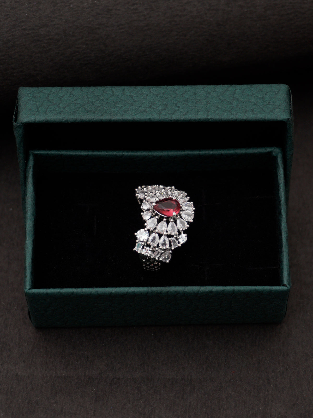 American Diamond Silver Plated Red Ruby Adjustable Ring