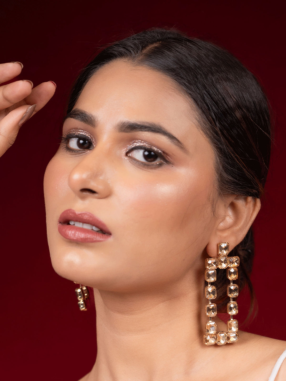 Crystal Brown Tone Rectangle Long Dangler Earrings