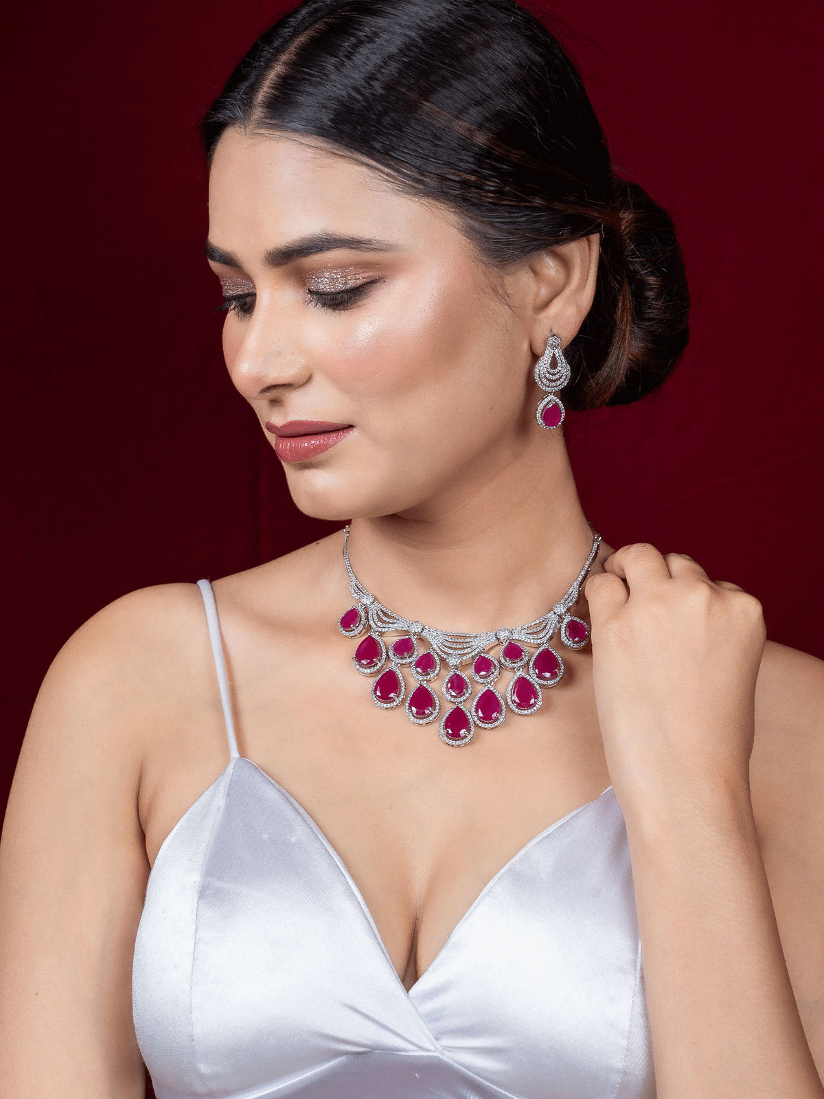 Silver Rhodium Pink and White American Diamond Necklace Jewelry Set