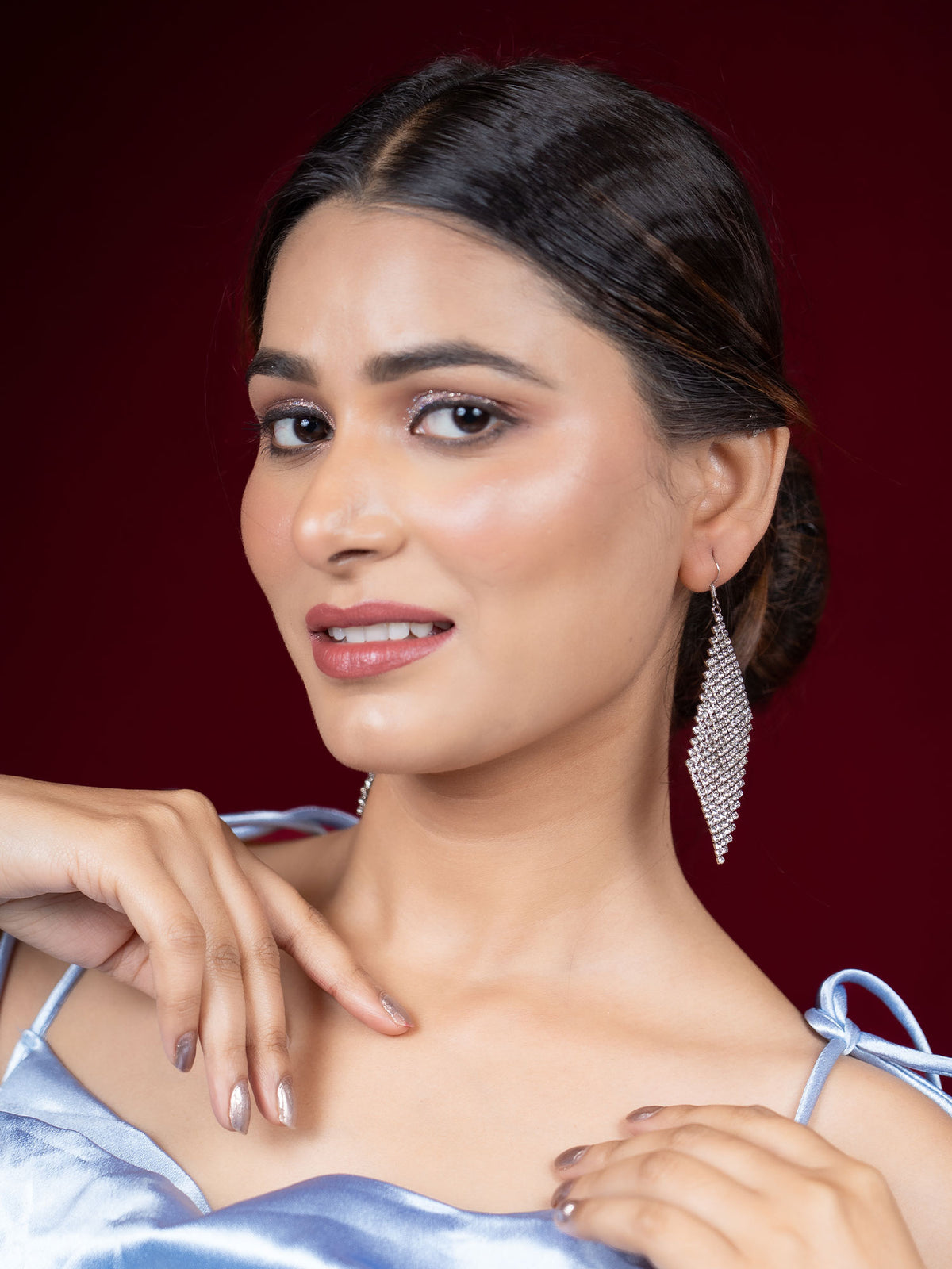 Vintage Silver Long Rhinestone White AD Earrings