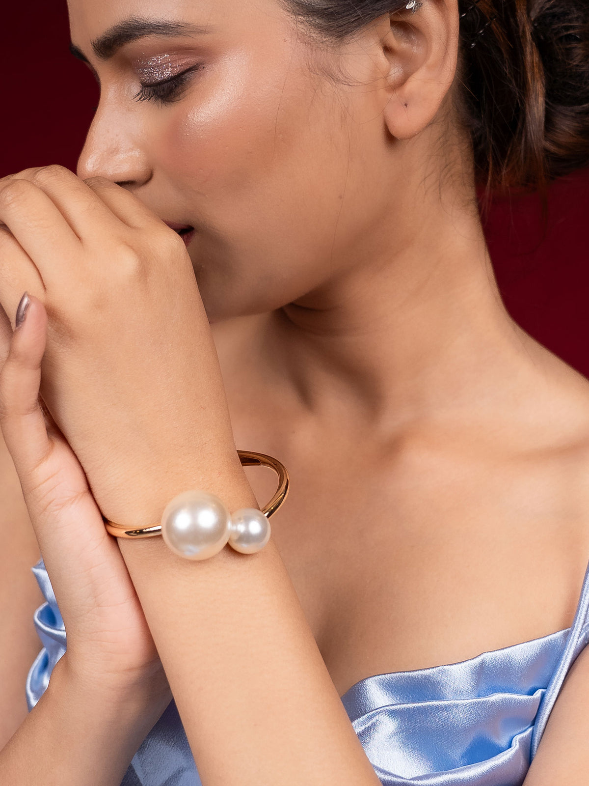 Fancy Gold-Plated Cuff Bracelet with Pearl Clasp