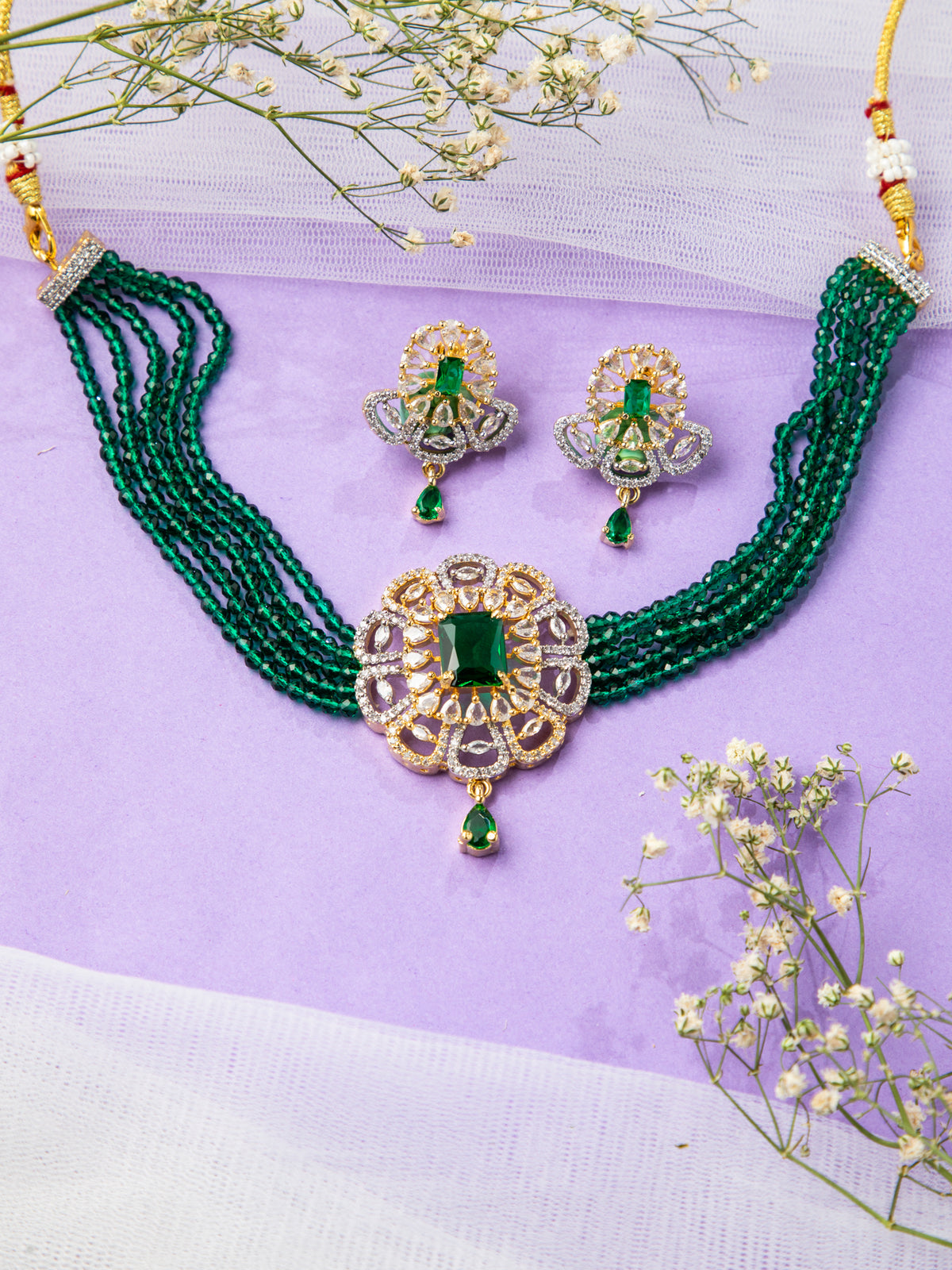 18K Gold Plated Multilayered Green Beads Necklace Set with White and Green AD Stones