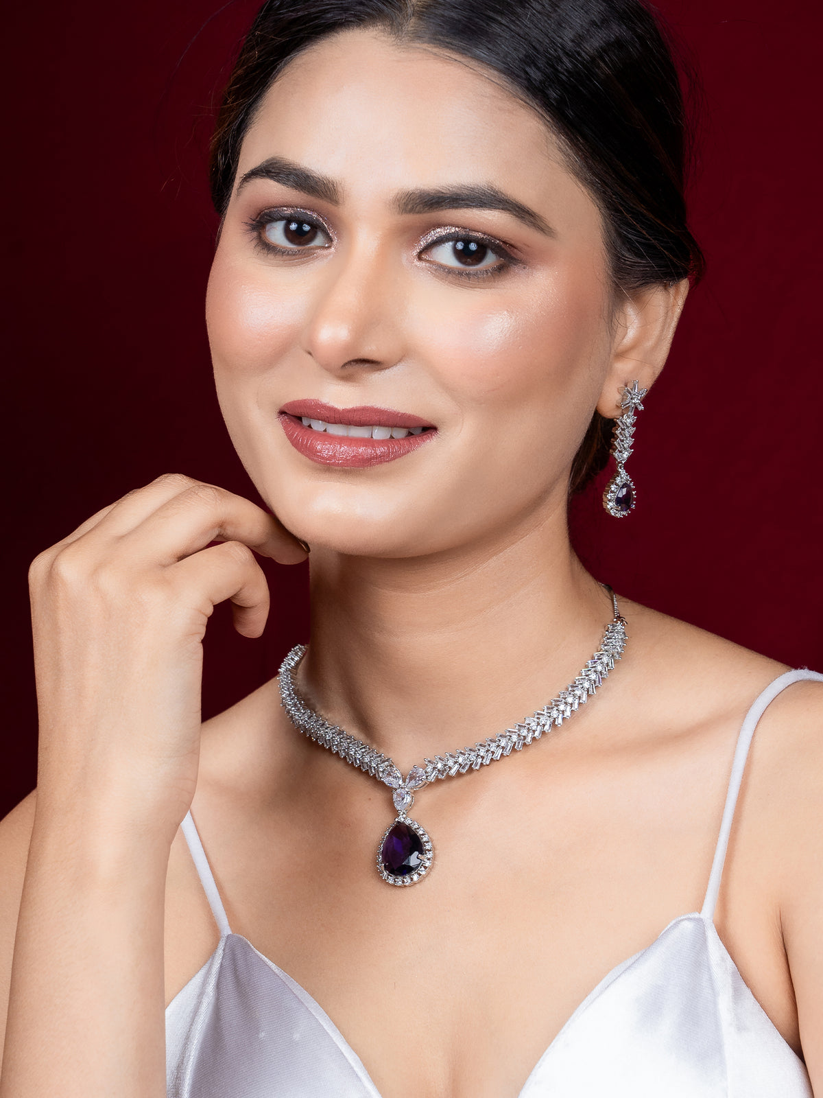 Silver Rhodium Plated Purple Stone AD Necklace Earring Set