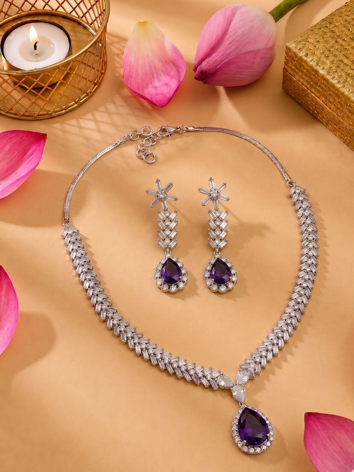 Silver Rhodium Plated Purple Stone AD Necklace Earring Set