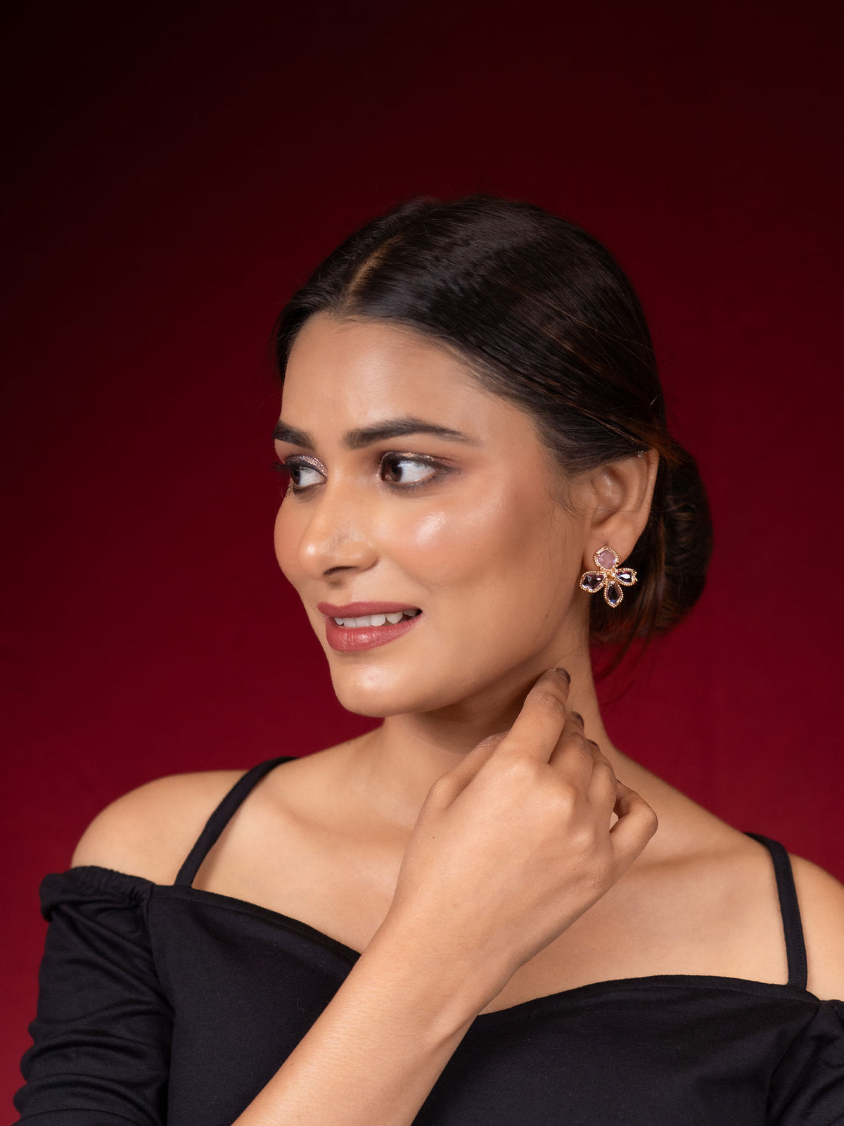 Gold-Plated Purple and White Cz Floral Stud Earring