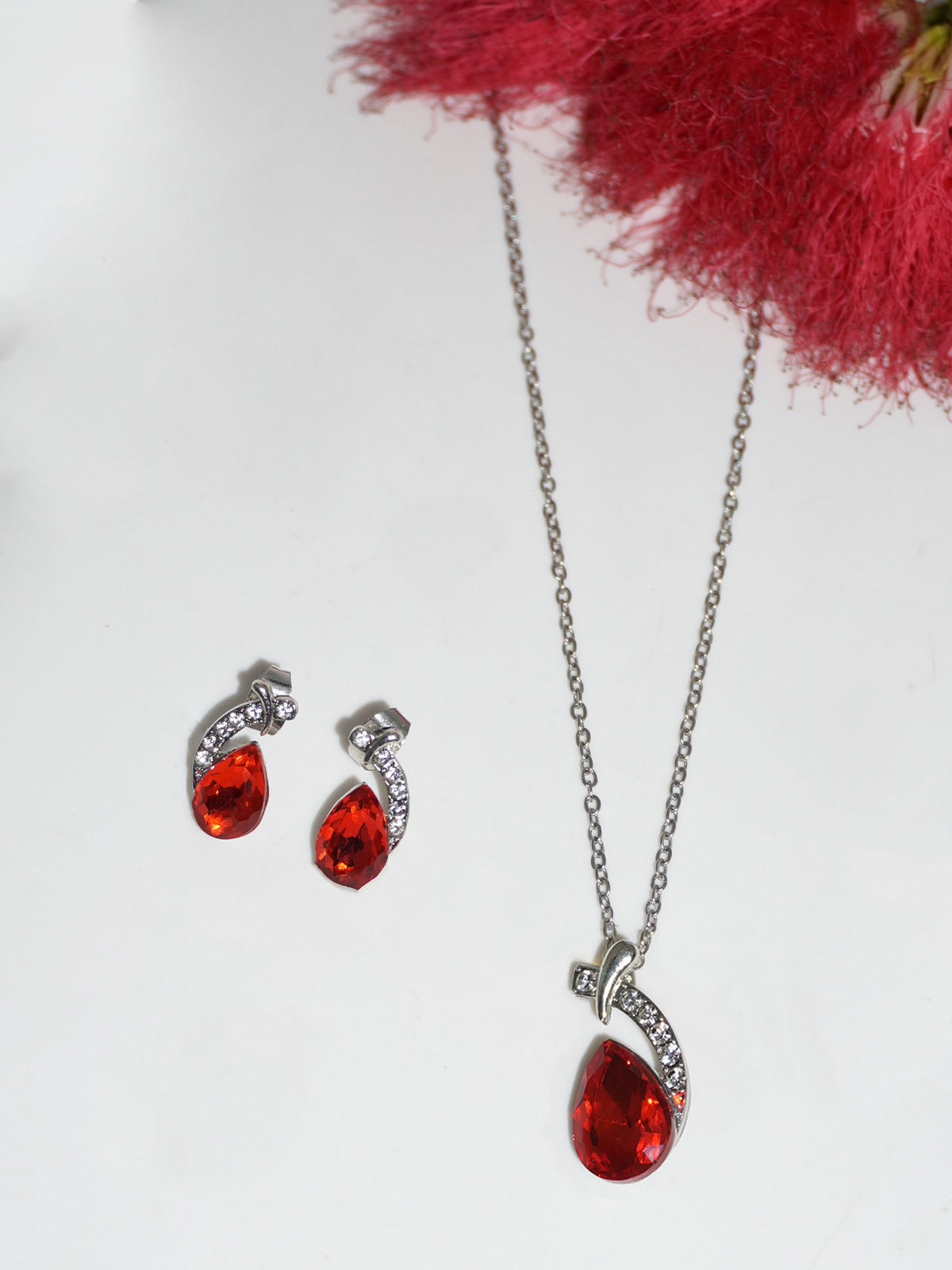 Silver-Plated American Diamond & Red Ruby Zircon Studded Necklace Set