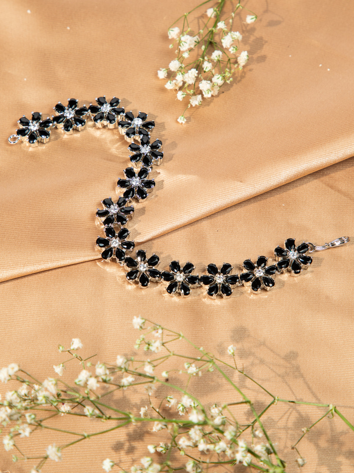 Midnight Bloom Rhodium-Plated Floral AD Bracelet